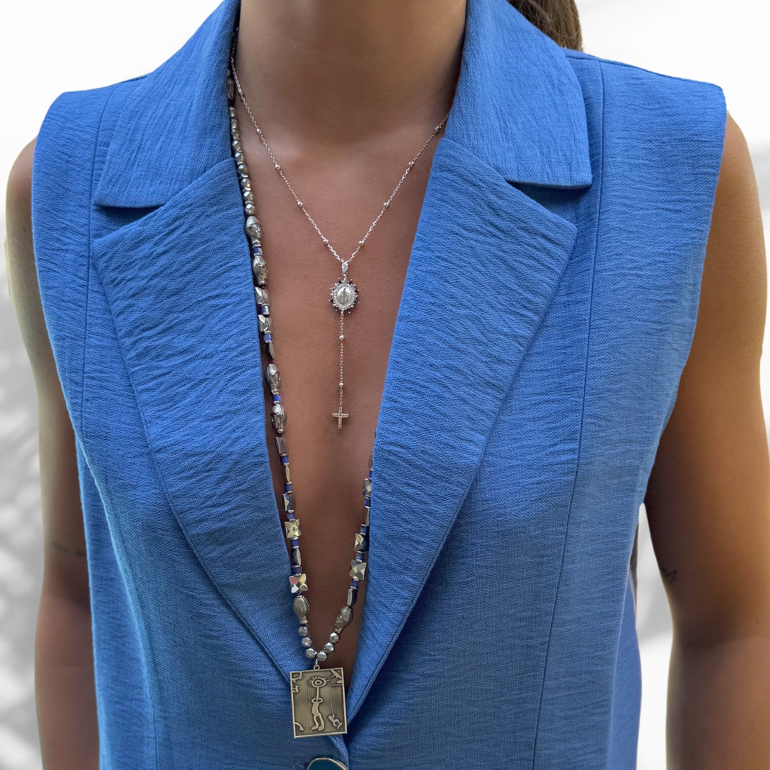 Model Wearing Hematite and Buddha Beaded Necklace with Shaman Pendant