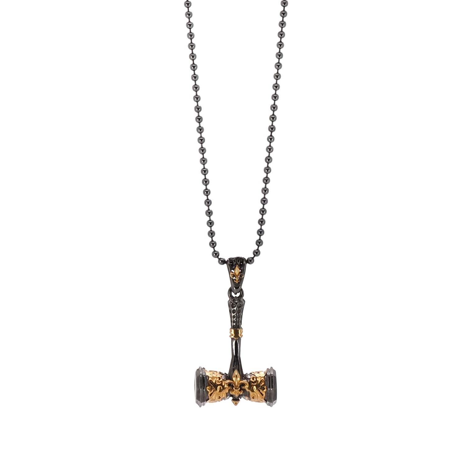 Stylish Hammer Pendant Necklace for men, featuring a sterling silver chain and a gold-plated pendant with a fleur de lis design