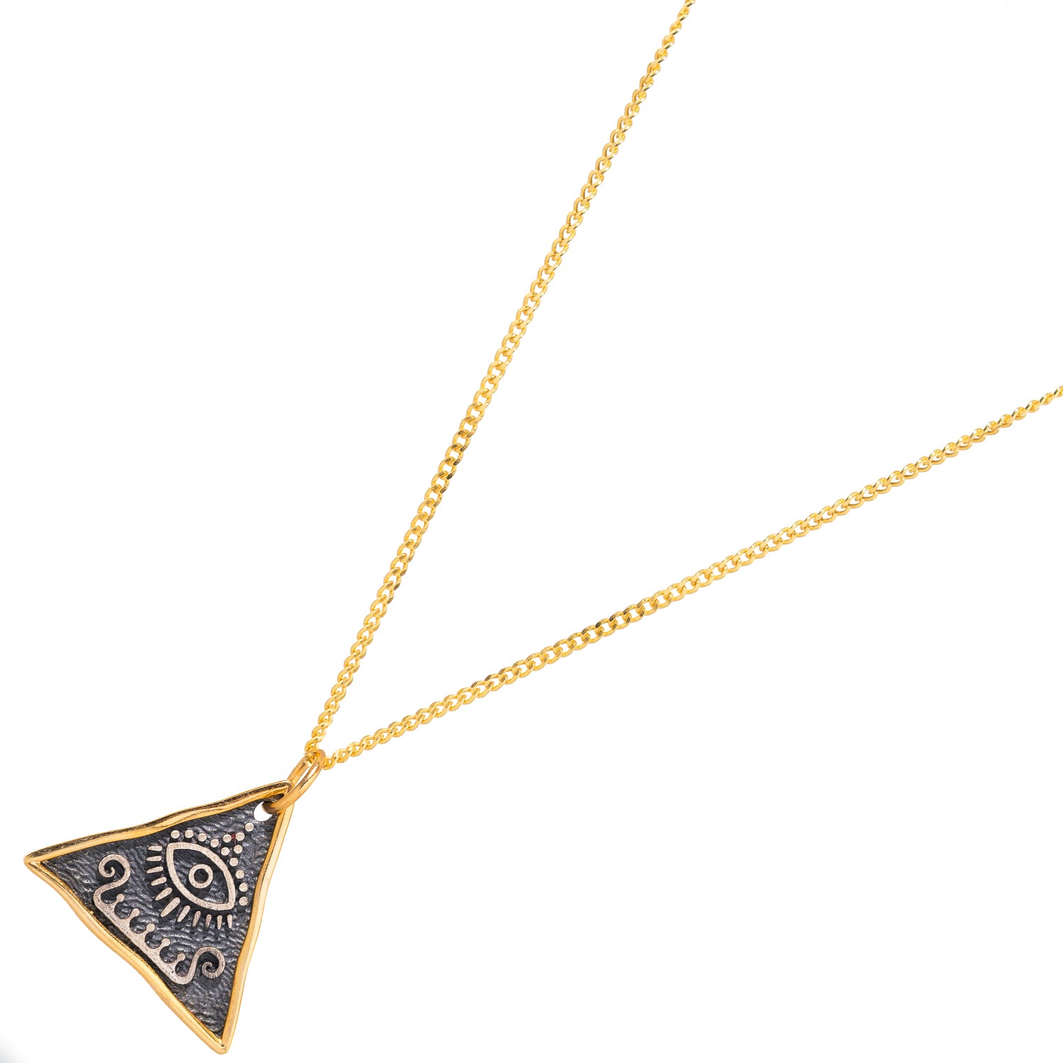 Sterling silver and gold necklace with a triangle pendant featuring the Third Eye, designed to provide spiritual protection and enhance inner vision.