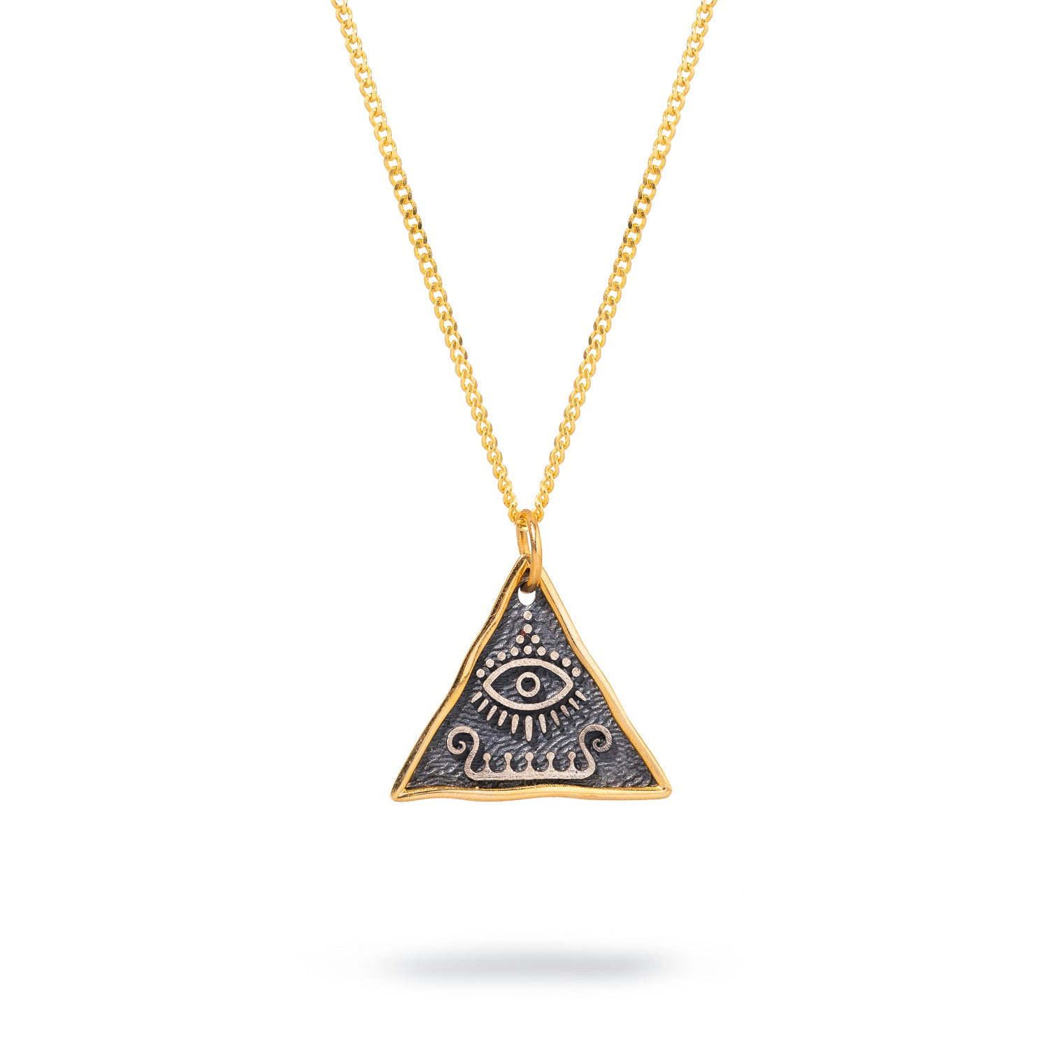 Handcrafted necklace with a sterling silver triangle pendant and Third Eye symbol, complemented by a gold vermeil chain, symbolizing heightened awareness.