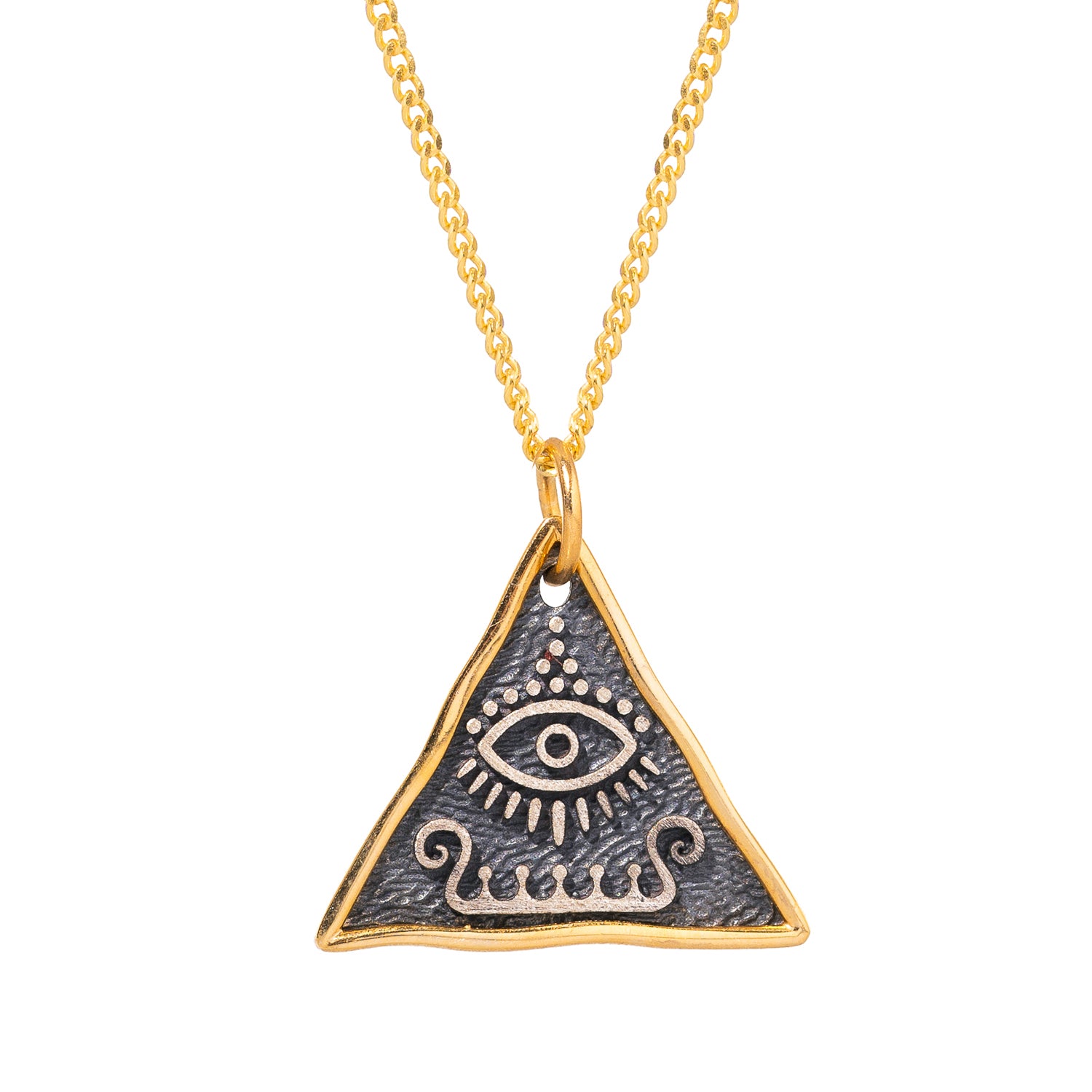 Elegant sterling silver and gold necklace featuring a Third Eye talisman pendant, offering both style and spiritual insight.