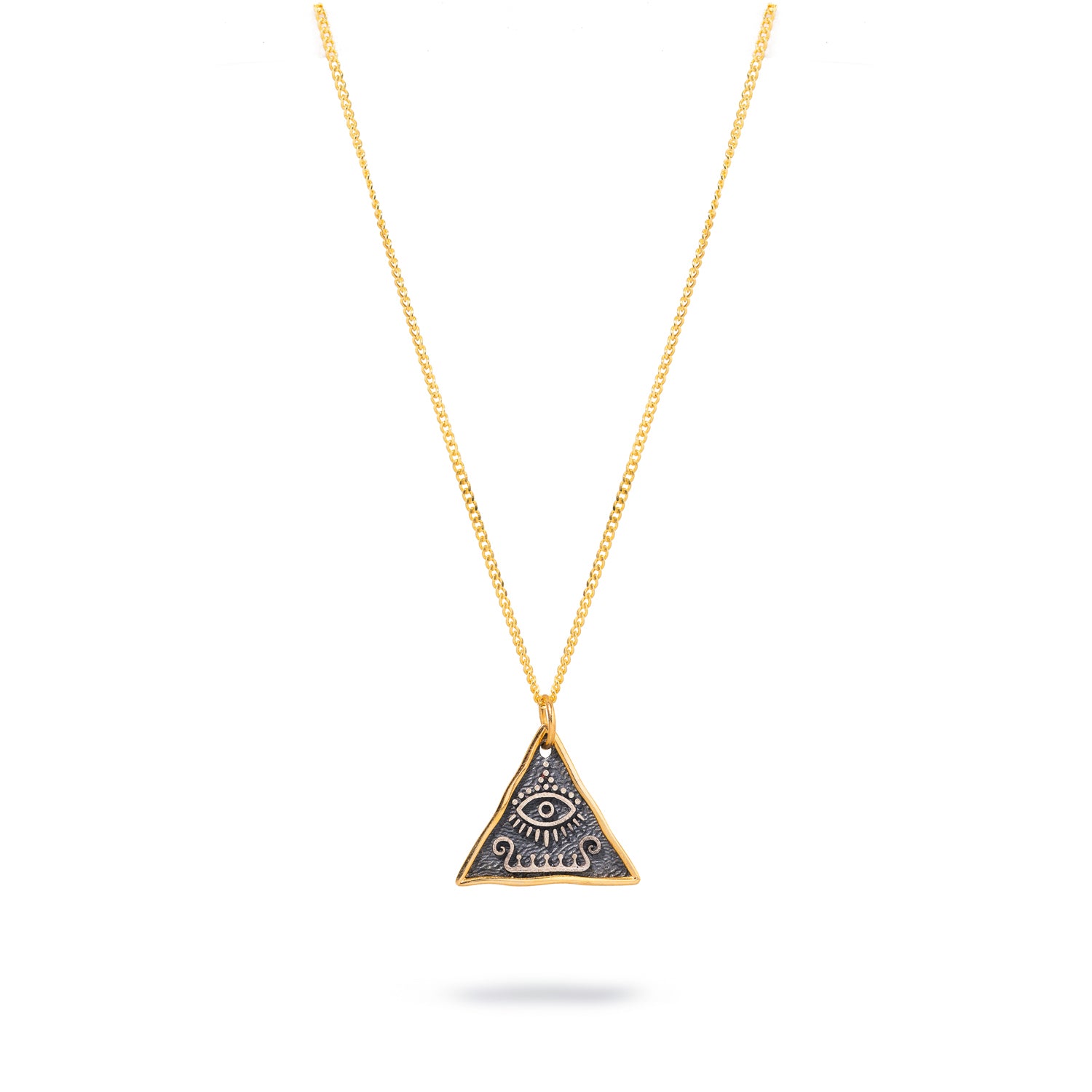 Sterling silver triangle pendant featuring the Third Eye symbol, on an 18k gold-plated chain, combining minimalist elegance with spiritual protection.