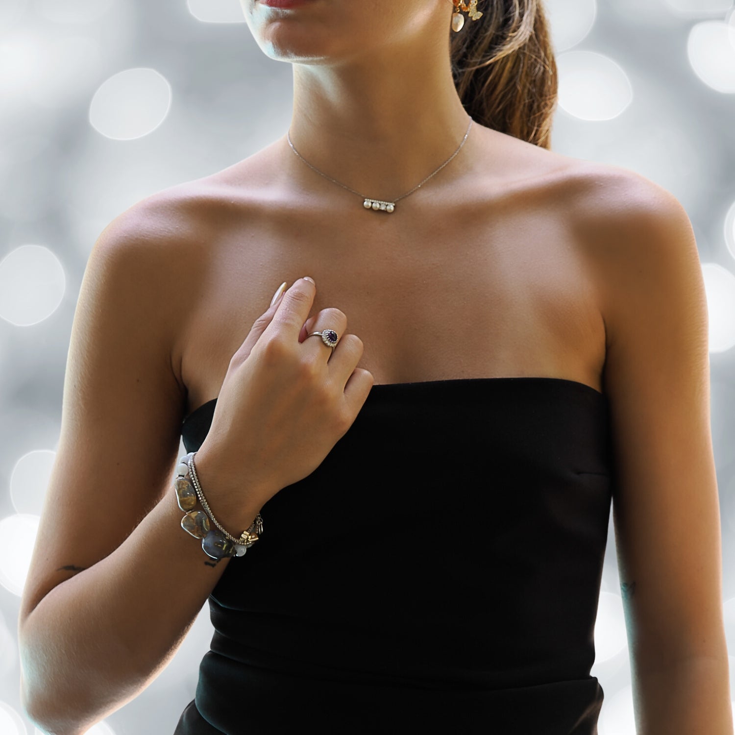 Model Wearing Amethyst &amp; Cz Diamond Ring - Tranquility on Display