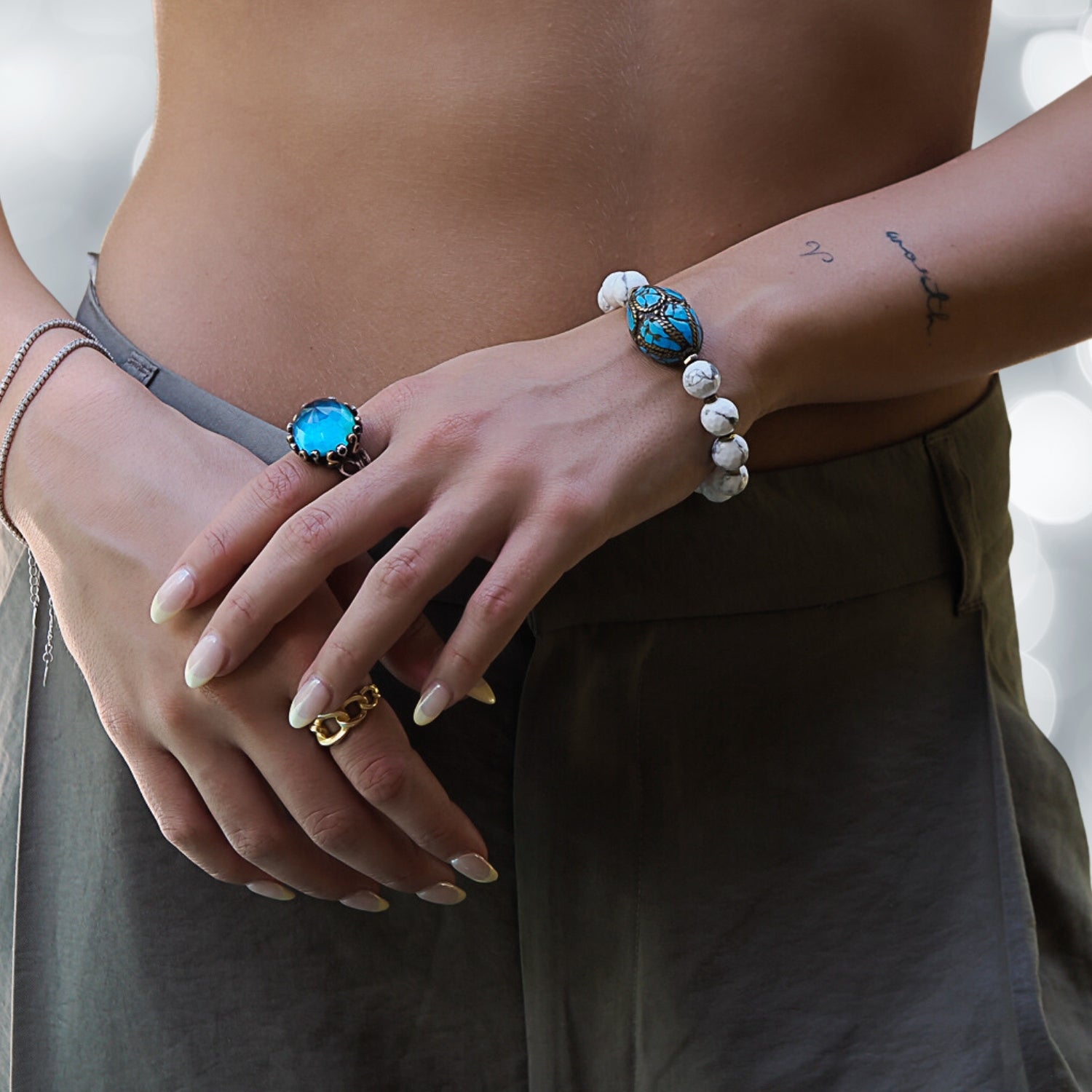 Model Wearing the Turquoise Chunky Nepal Beaded Bracelet.