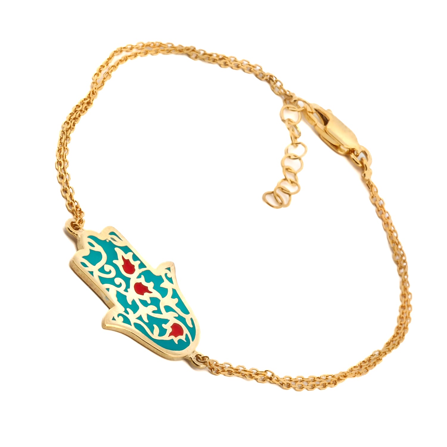Turquoise Enamel Floral Hamsa Hand Gold Vermeil Chain Bracelet