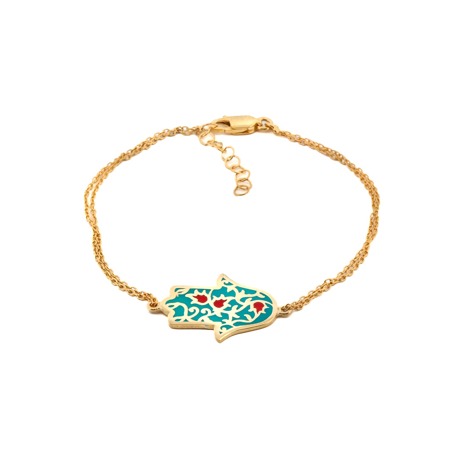 Turquoise Enamel Floral Hamsa Hand Gold Vermeil Chain Bracelet