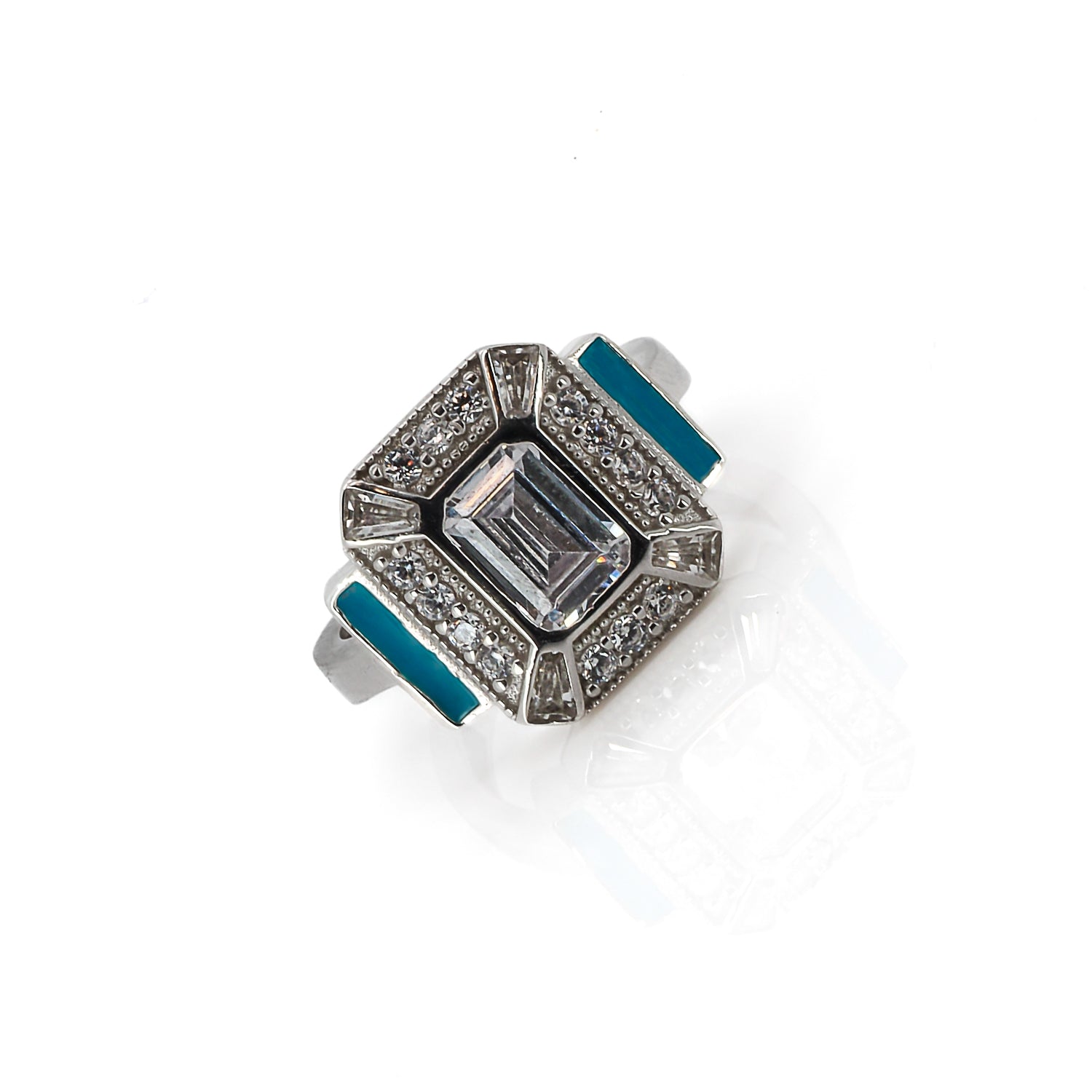 Contemporary Turquoise Enamel &amp; Cz Diamond Ring - Crafted Sophistication