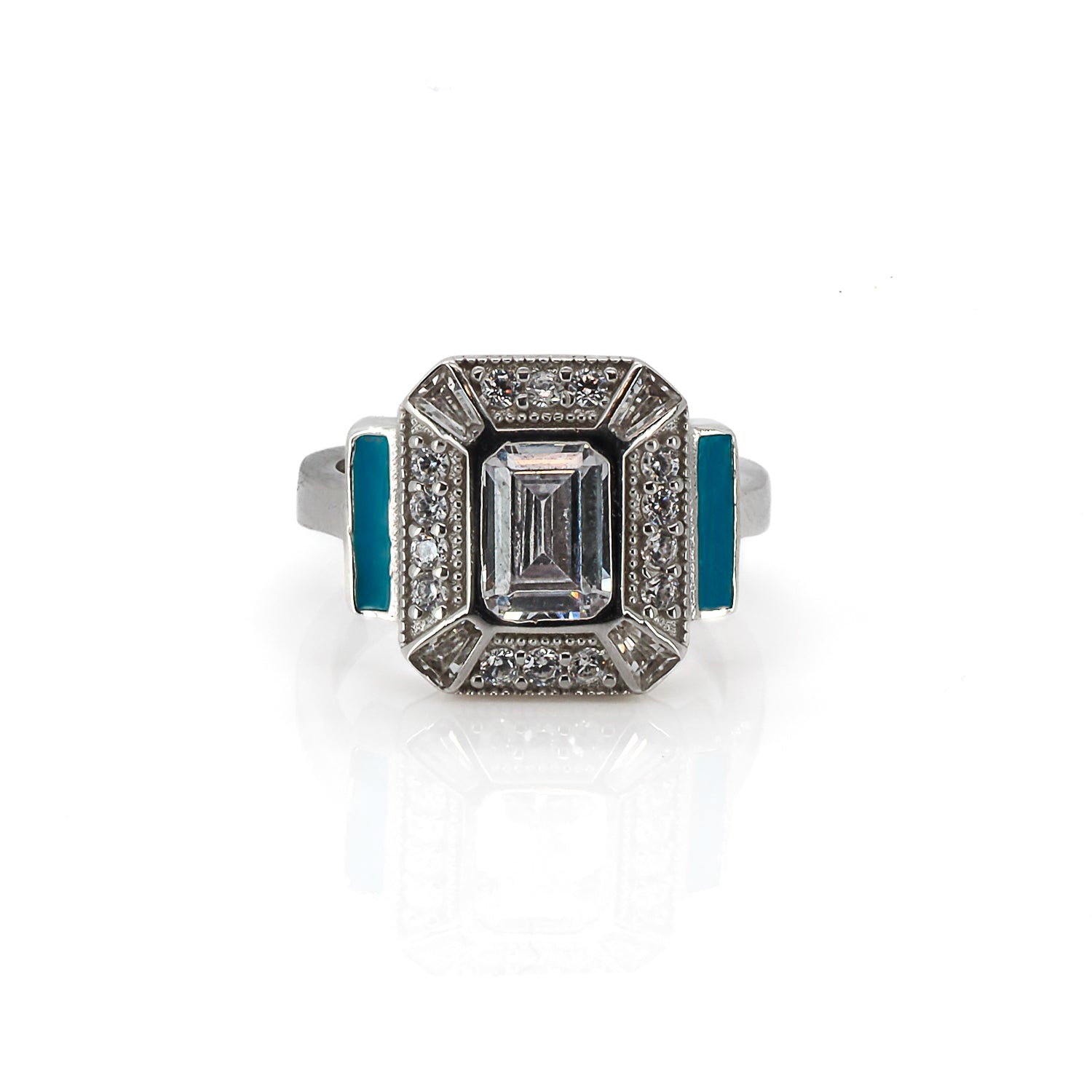 Turquoise Enamel &amp; Diamond Silver Ring - Elegance Redefined