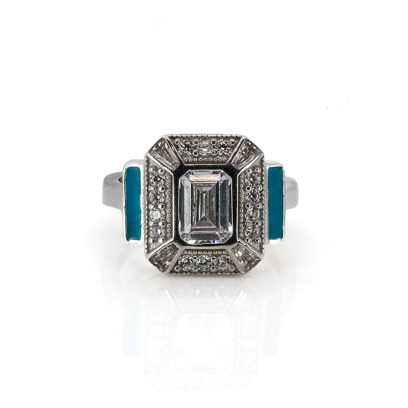 Turquoise Enamel & Diamond Silver Ring - Elegance Redefined