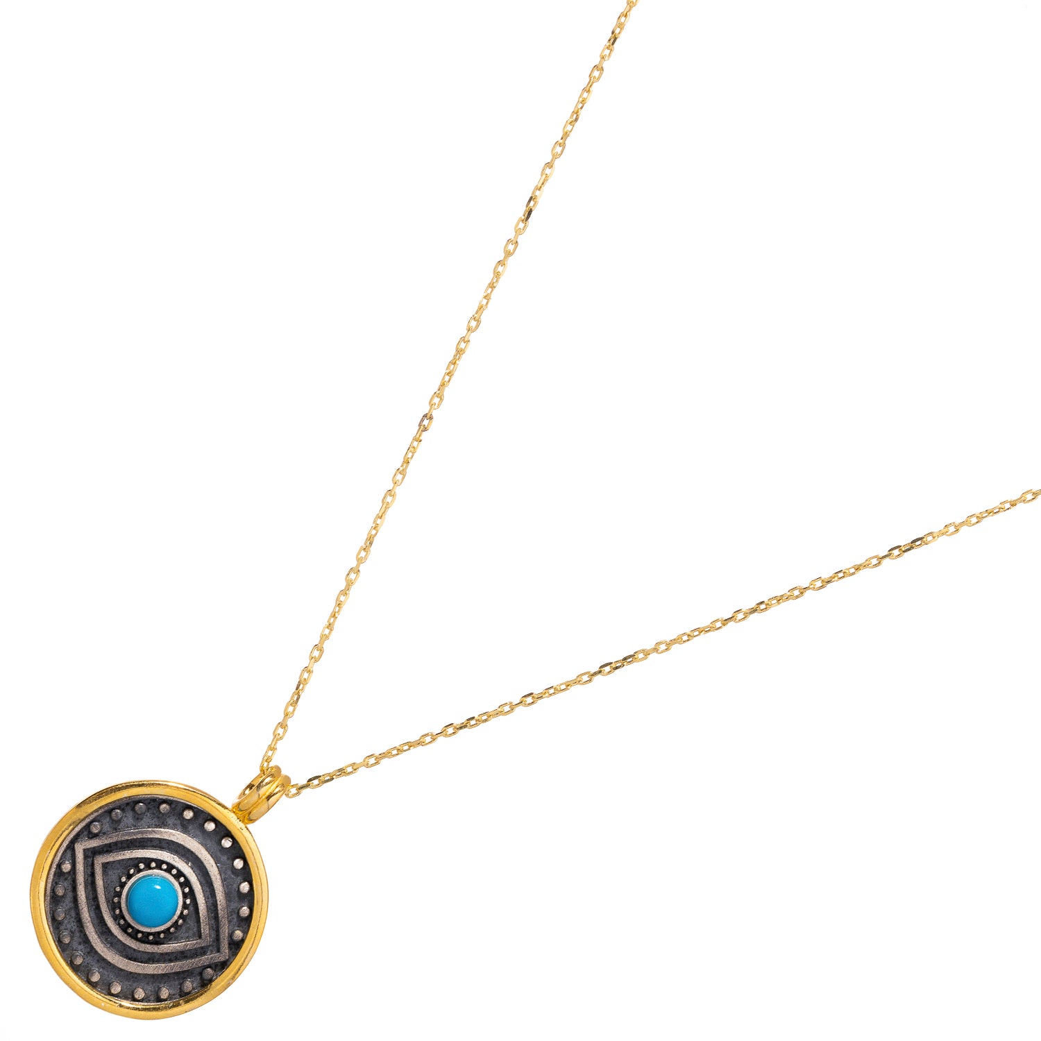 Delicate necklace with a round turquoise evil eye pendant on a sterling silver chain, framed with 18k gold plating for elegance and spiritual protection.