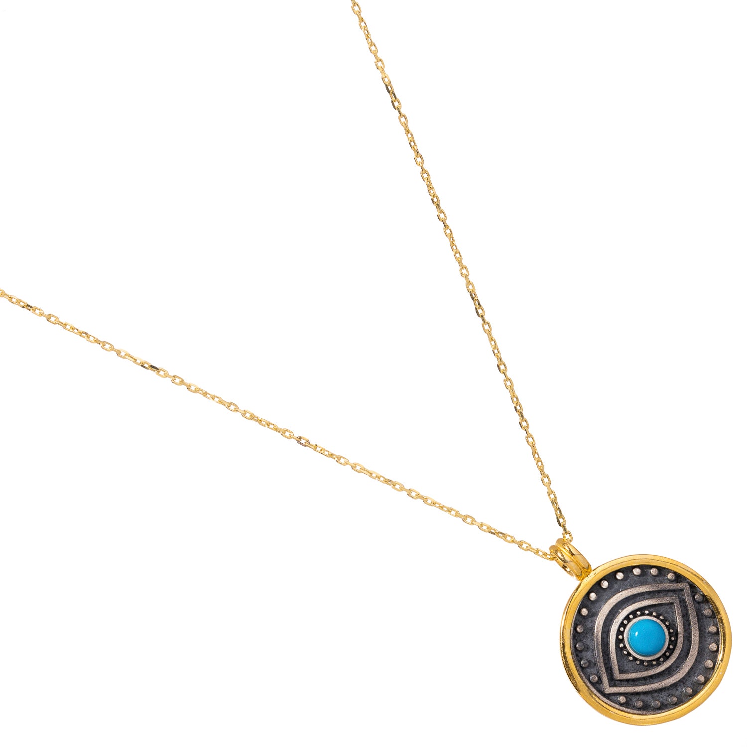 Unique necklace featuring a turquoise evil eye in a sterling silver pendant, surrounded by dot symbols and encased in gold vermeil for protection and serenity.