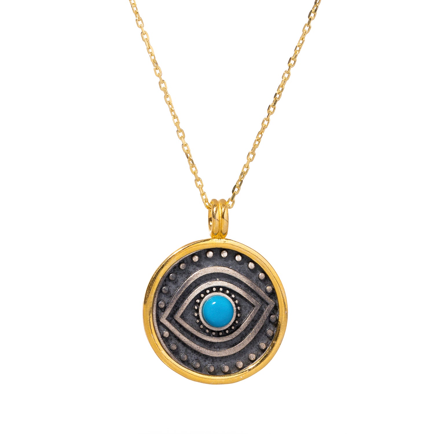 Beautiful necklace featuring a turquoise evil eye in a sterling silver pendant with a gold vermeil frame, designed for protection and positive energy.