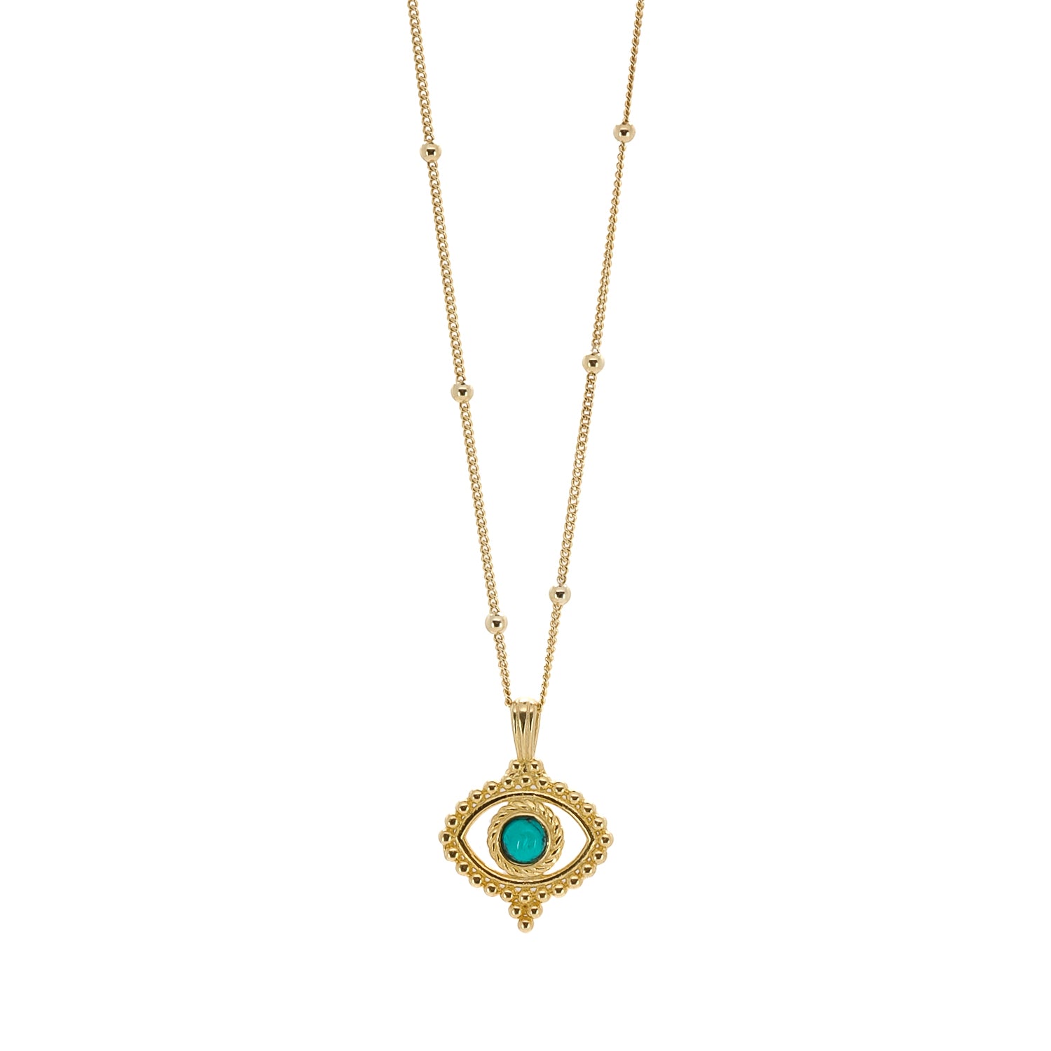Cherished Symbol: Model Wearing Turquoise Evil Eye Gold Necklace