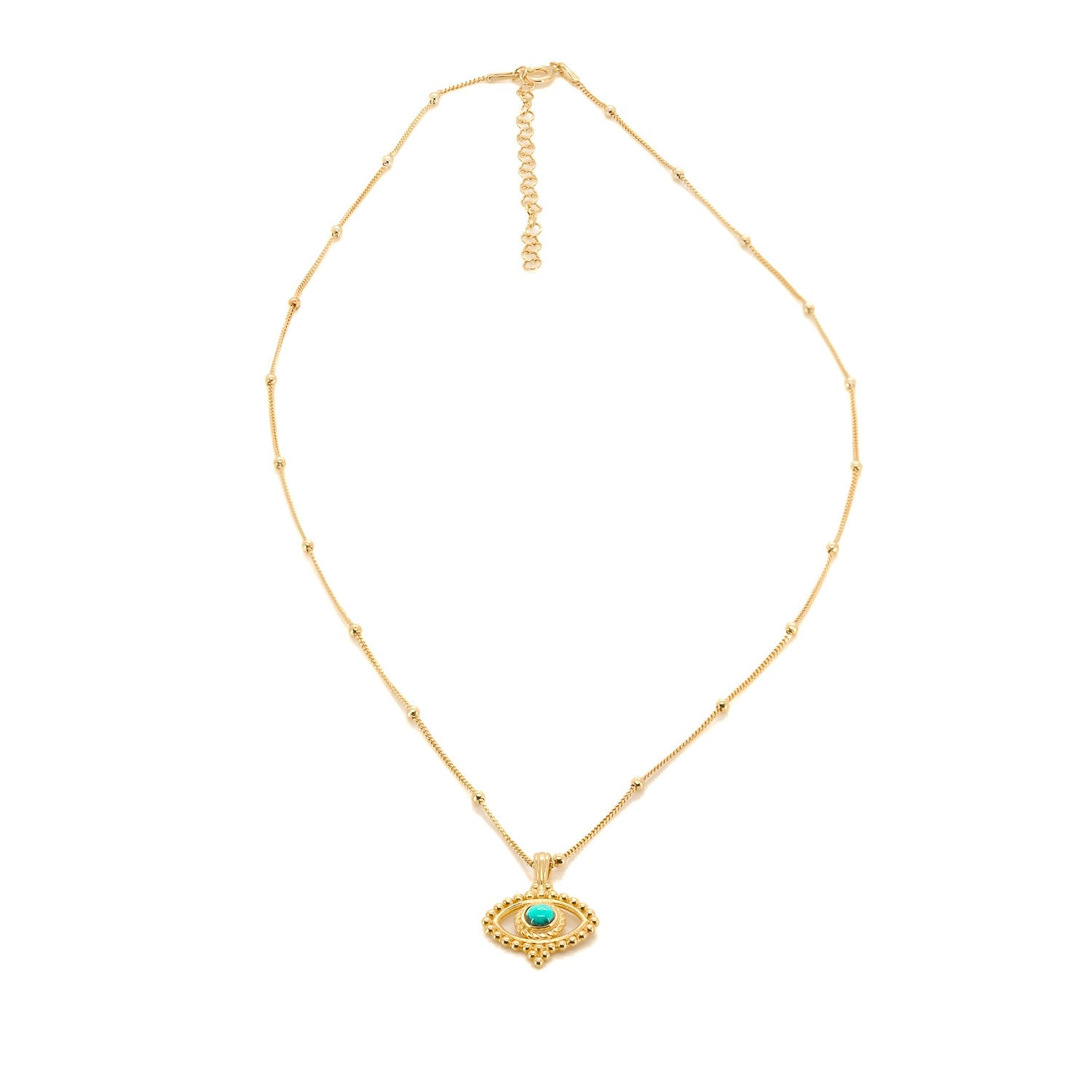 Statement Piece: Model Wearing Turquoise Evil Eye on Gold Chain