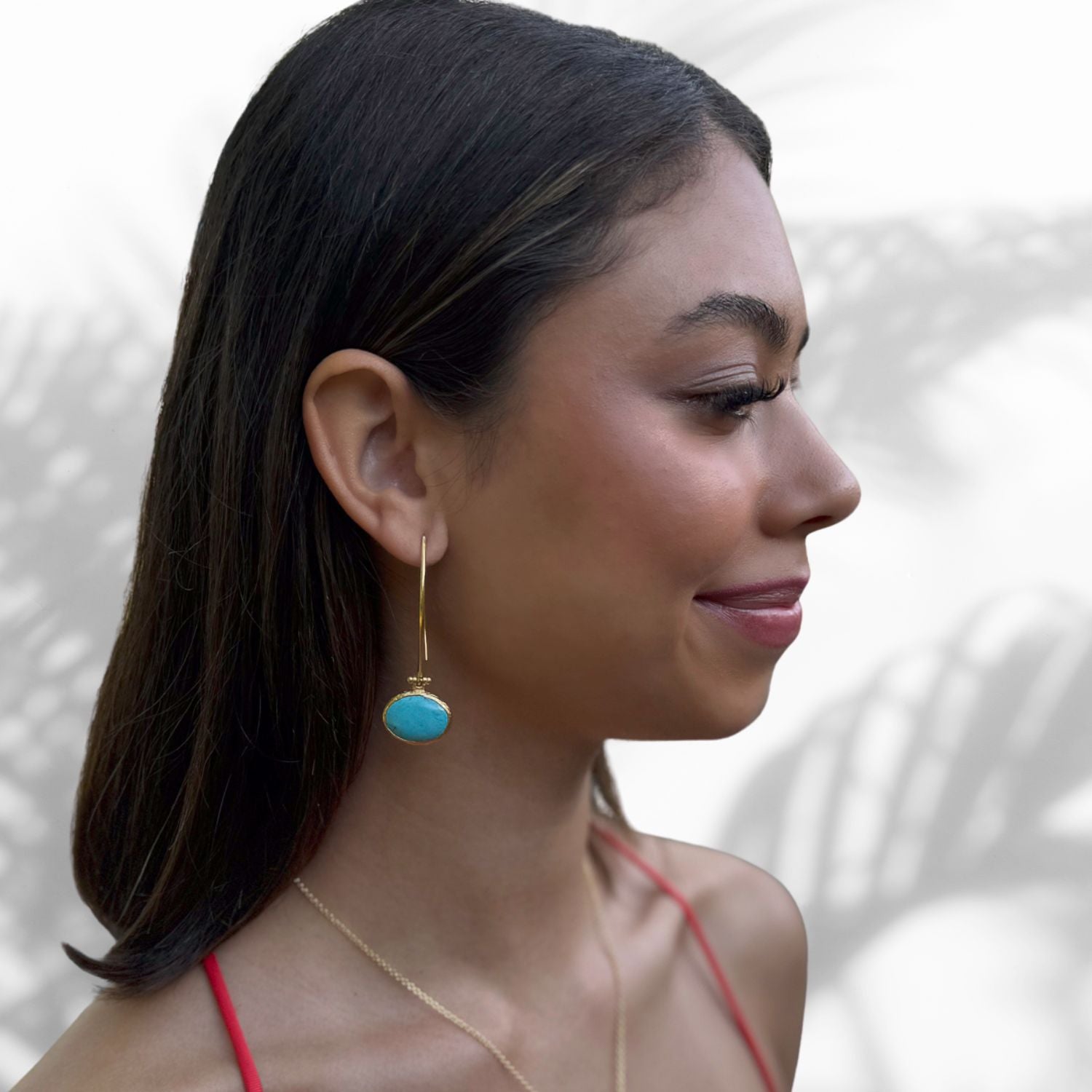 Model Wearing Handmade Turquoise Earrings with Gold-Plated Brass