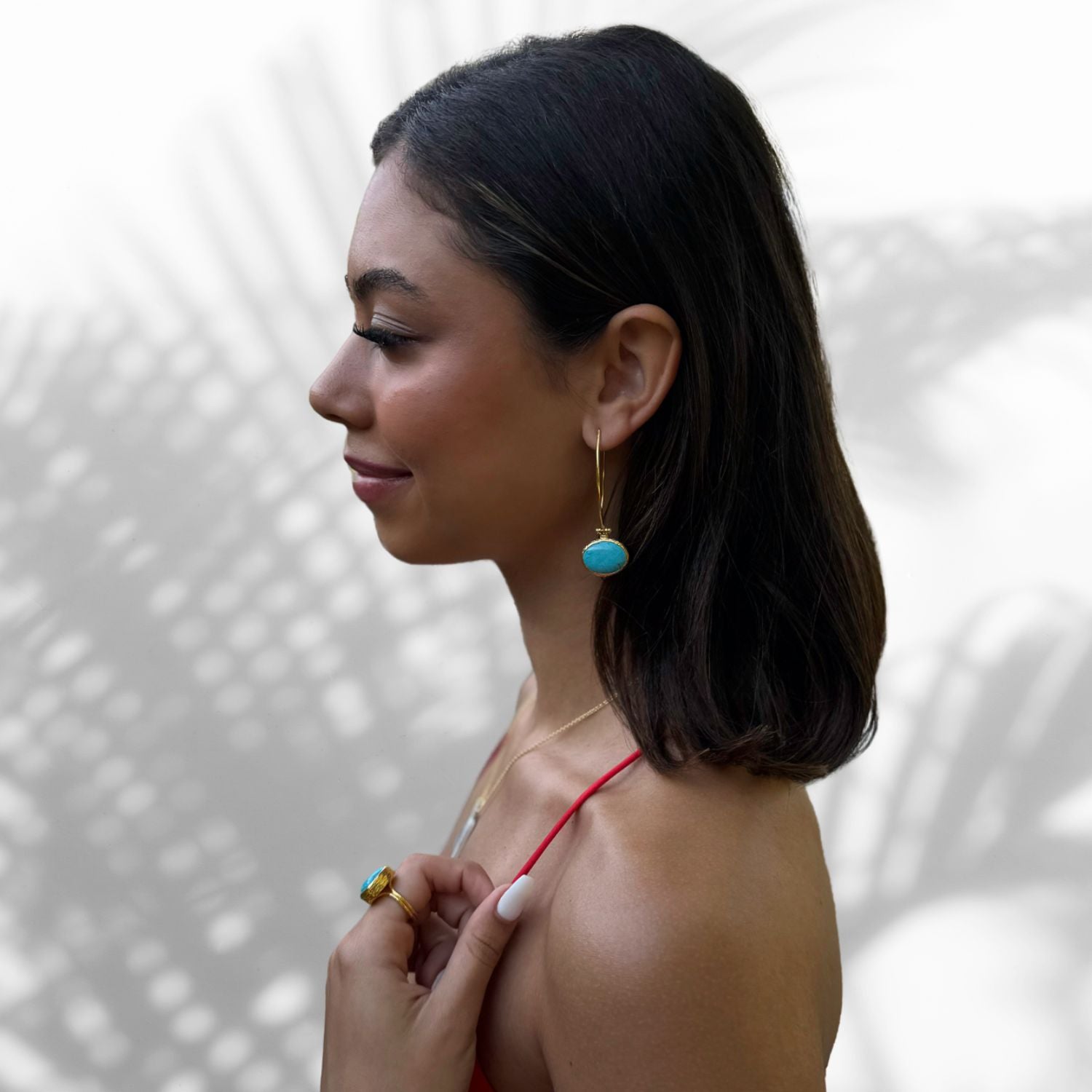 Model Wearing Turquoise Earrings with 18K Gold-Plated Finish