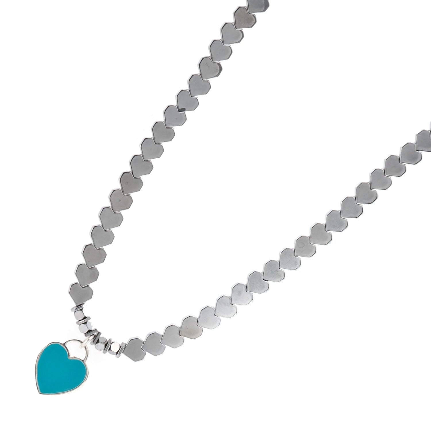 Silver Hematite and Turquoise Necklace with heart-shaped beads and a sterling silver charm for a touch of elegance