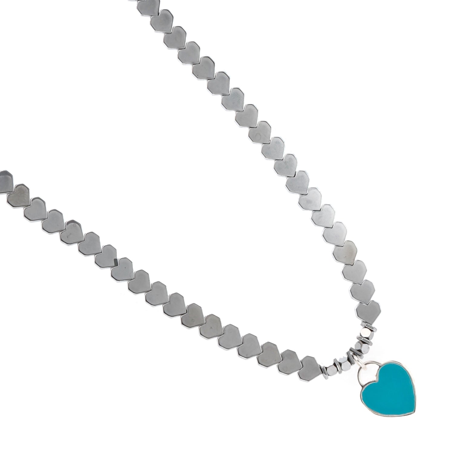 Turquoise Enamel Heart Charm Necklace with silver hematite beads, perfect as a gift or a treat for yourself