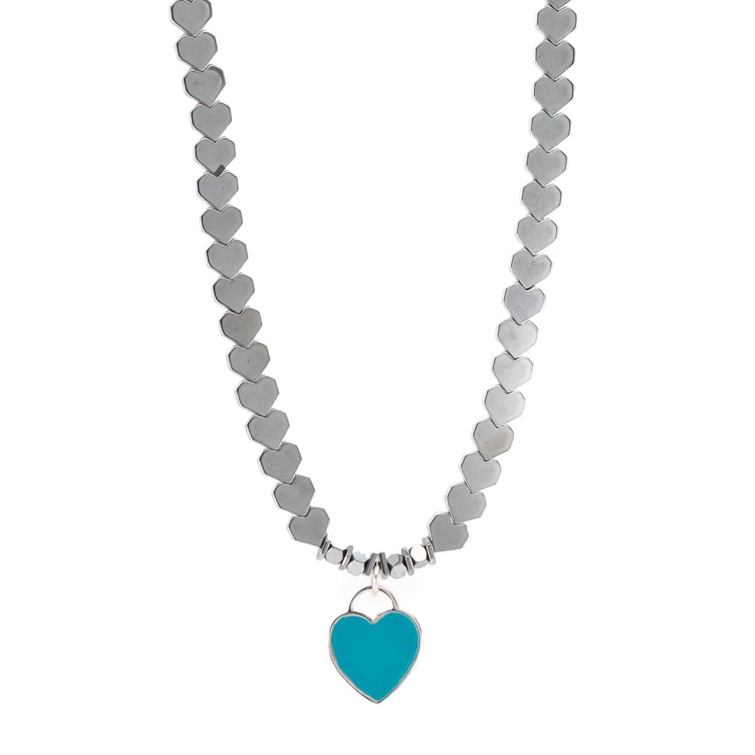 Sophisticated Turquoise Heart Necklace featuring 925 sterling silver and hematite stone beads in a heart shape