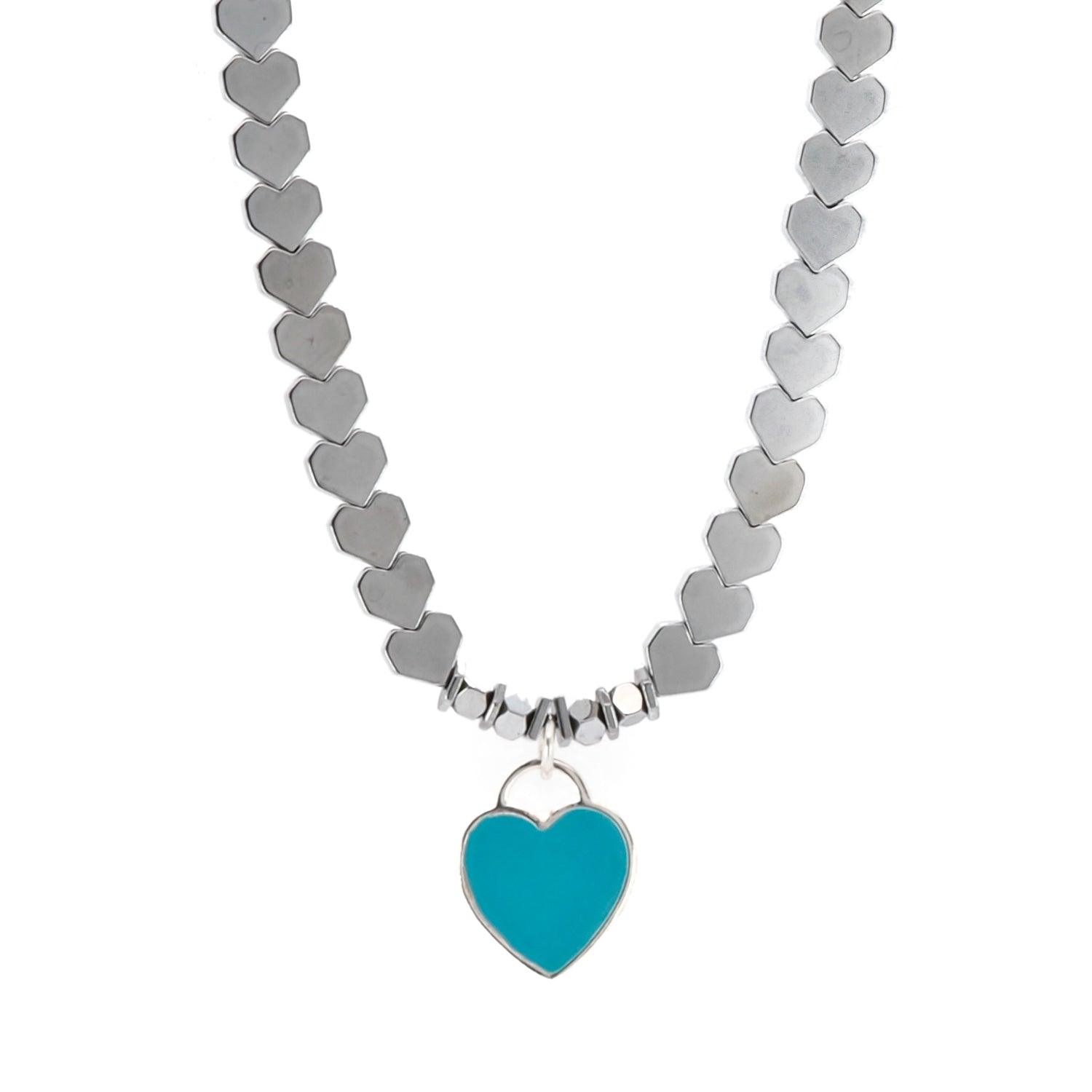 Turquoise Heart Pendant Silver Hematite Stone Heart Shape Chain Necklace featuring silver hematite beads and a turquoise enamel heart charm
