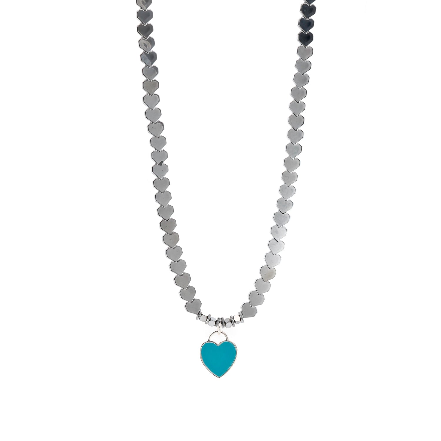 Handmade Turquoise Heart Pendant Necklace with silver hematite stones, designed for women who appreciate unique jewelry