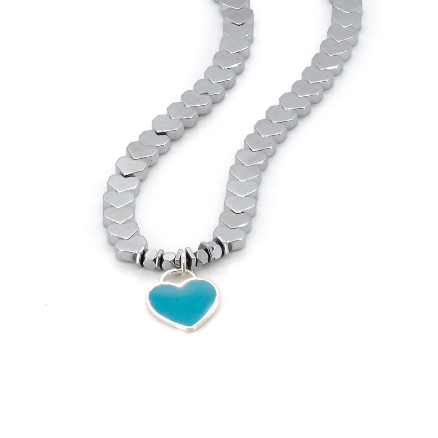 Stylish Heart Pendant Necklace featuring silver hematite beads and a turquoise enamel charm, perfect for special occasions