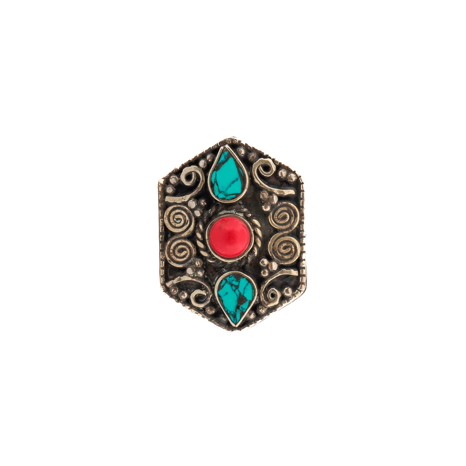 Chunky silver ring with turquoise and coral gemstones in a spiral design, handcrafted in Nepalese style