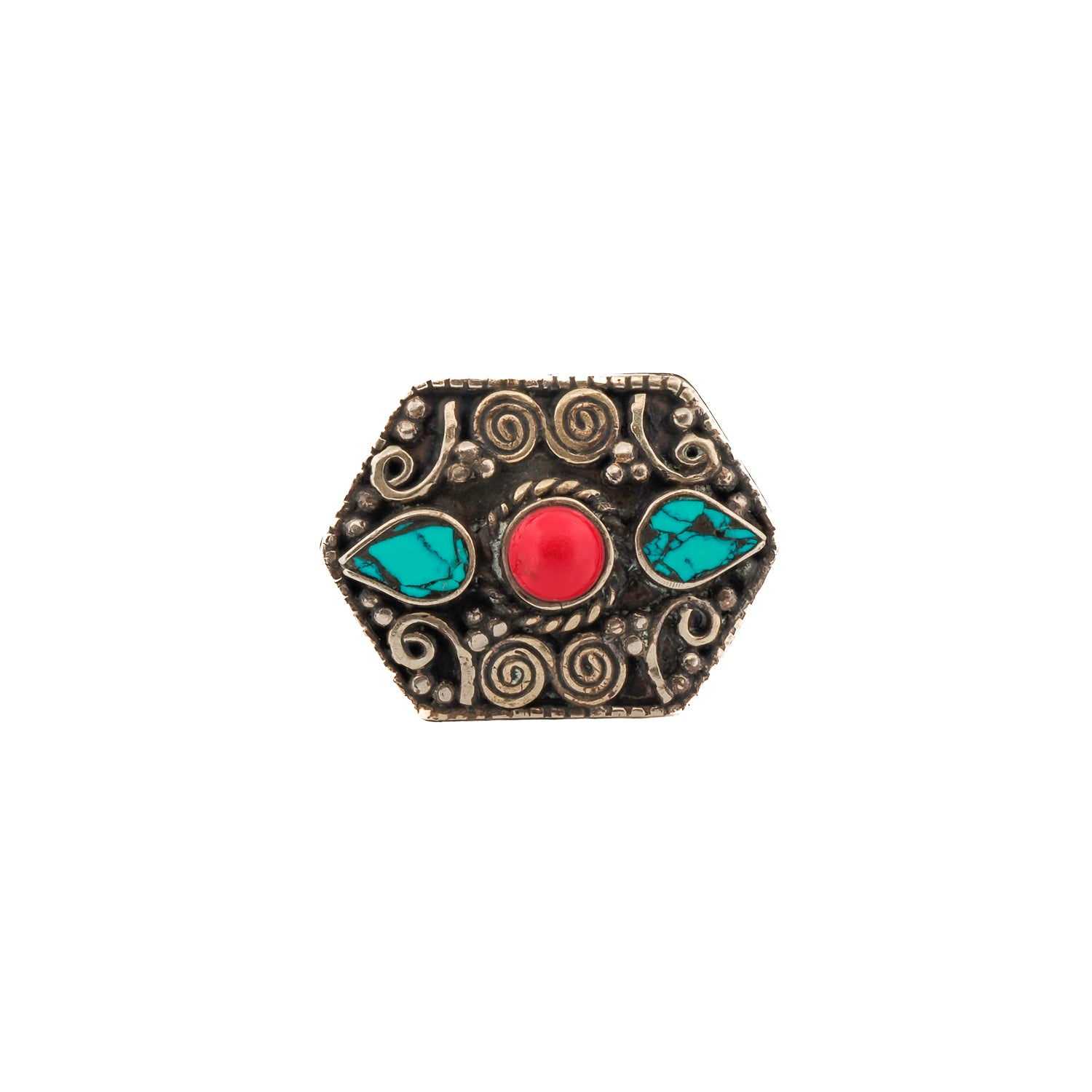 Turquoise and coral gemstone ring with a bold silver spiral design, perfect for bohemian style