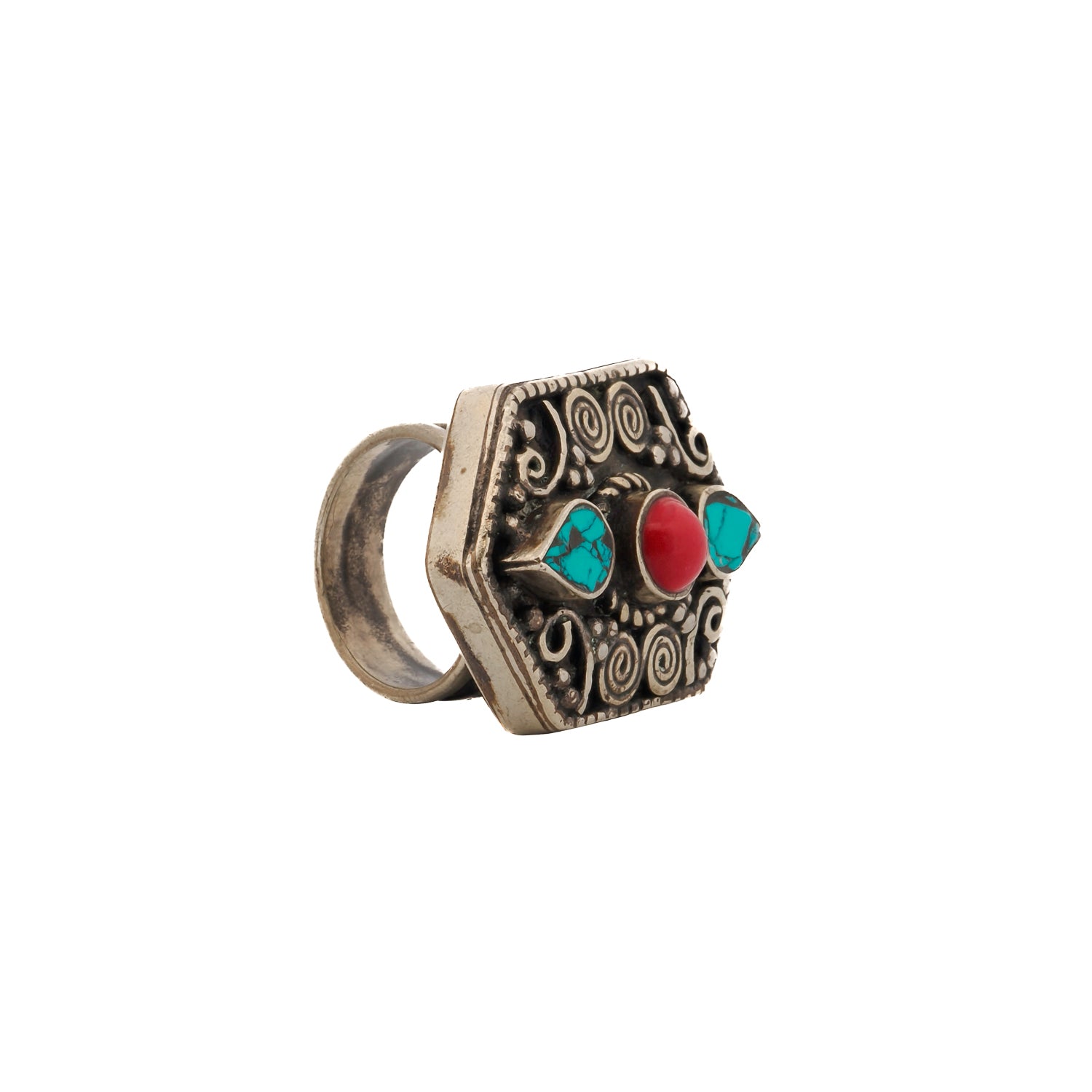 Vibrant turquoise and coral spiral design on a chunky silver band, handmade in Nepalese style