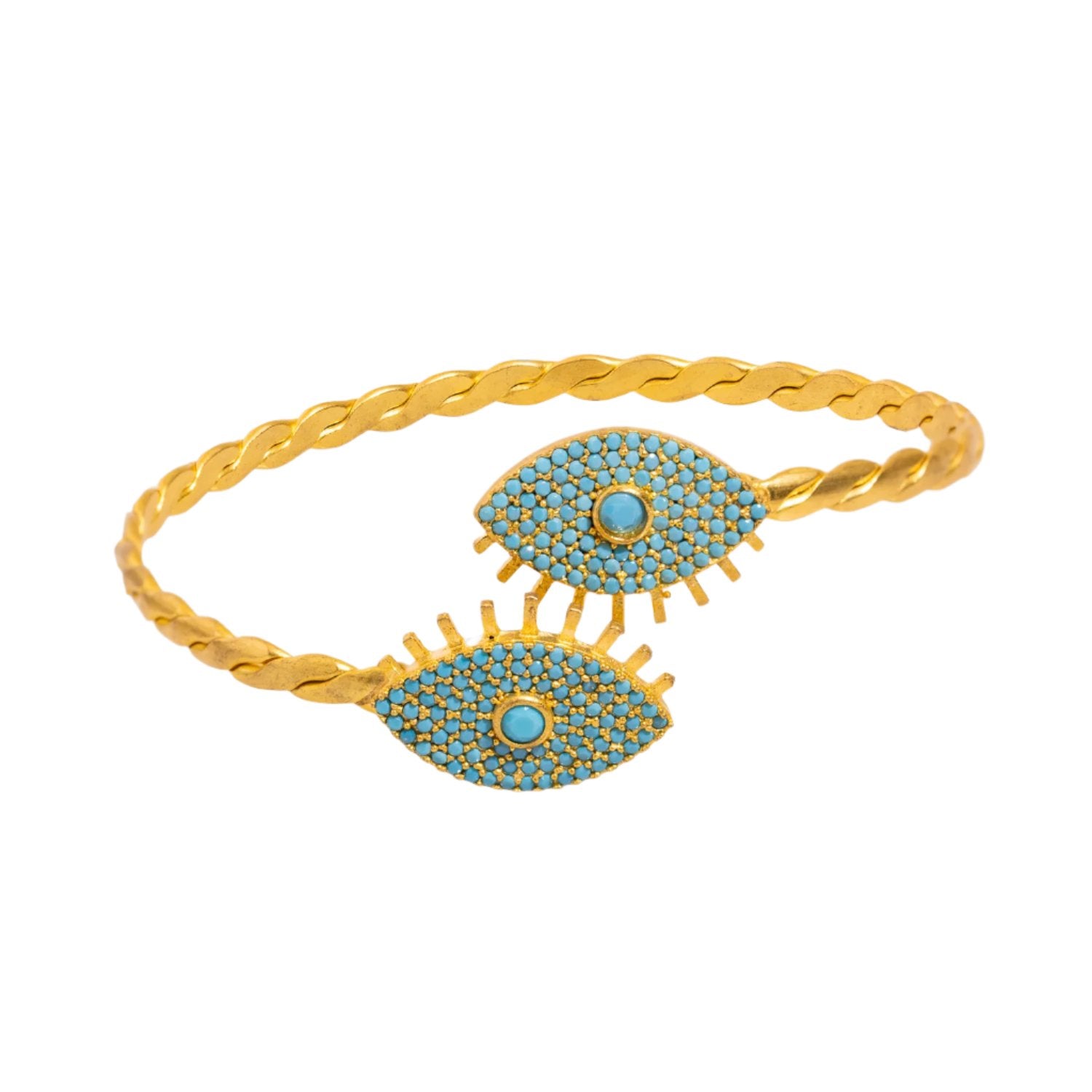 Gold Evil Eye Cuff Bracelet with Turquoise Stones and Diamonds for a Mystical and Elegant Look
