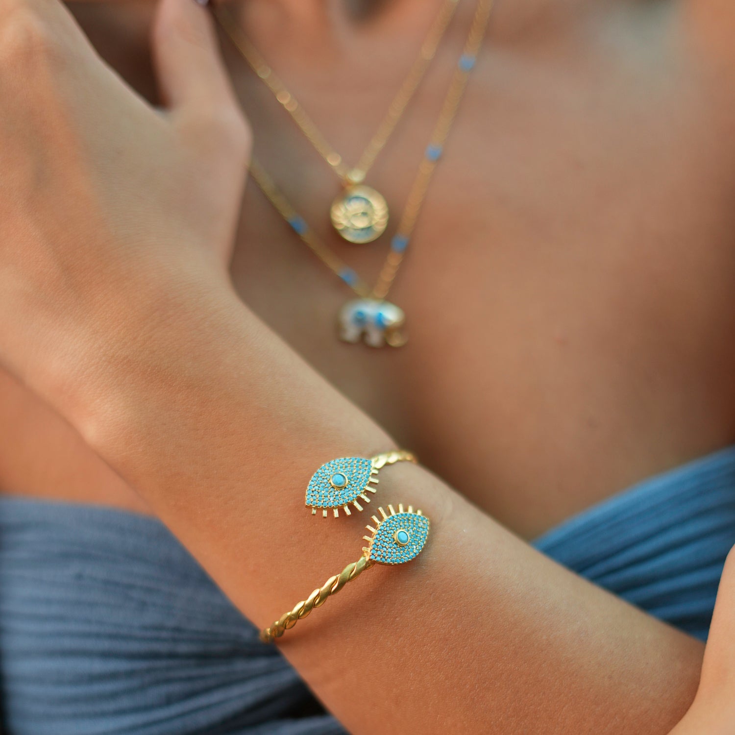 Handmade 24K Gold Cuff Bracelet with Turquoise Evil Eye Symbols for Fashion and Protection

