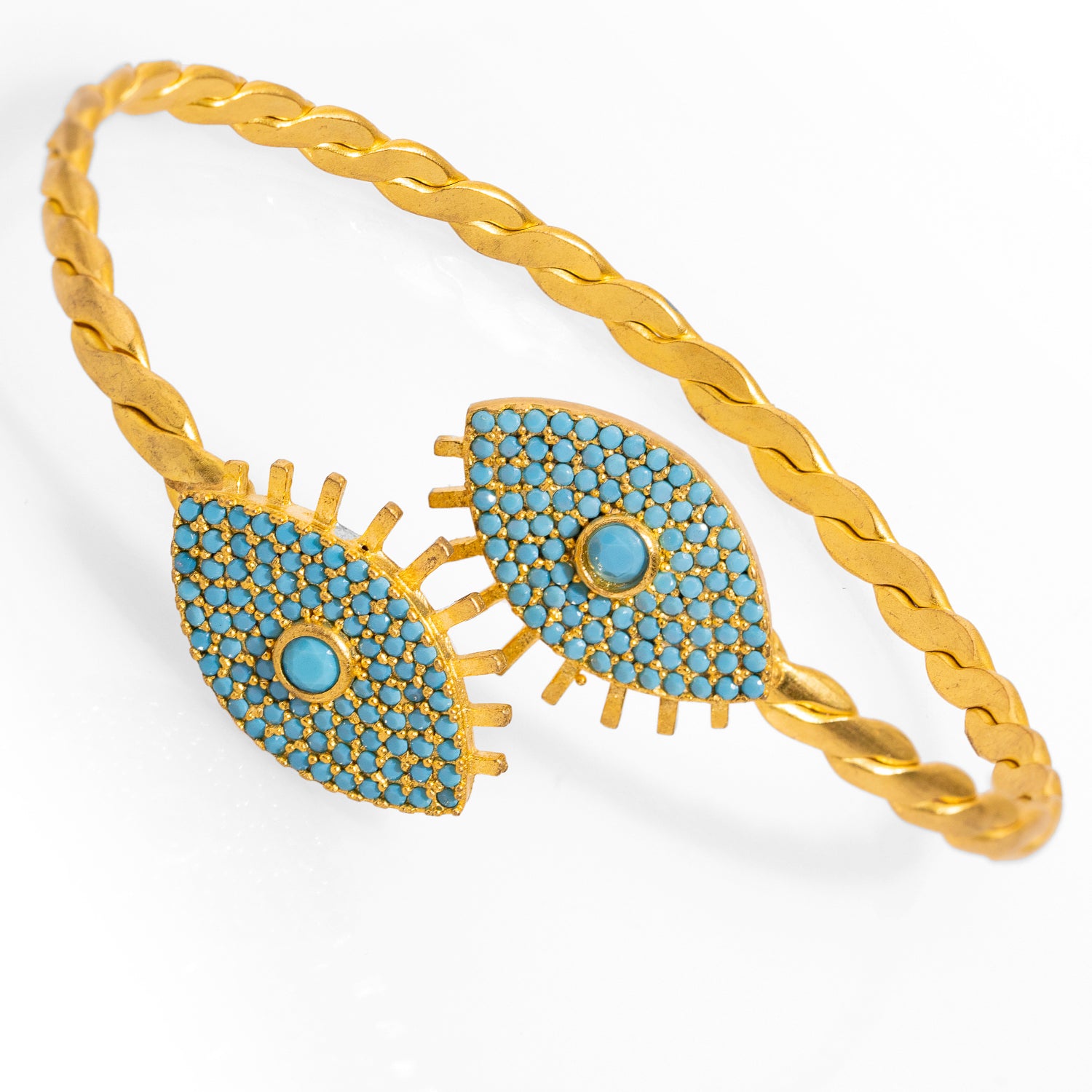 Gold Evil Eye Cuff Bracelet with Turquoise Stones and Diamond Enhancements for a Bold, Luxurious Style
