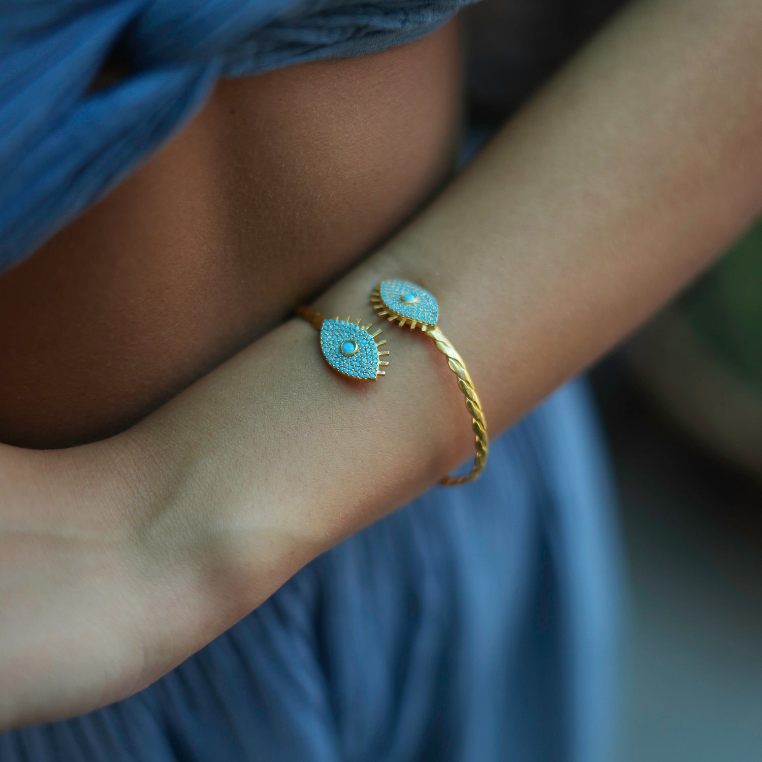 Turquoise Evil Eye Cuff Bracelet with Diamond Accents and 24K Gold for Spiritual Significance and Style

