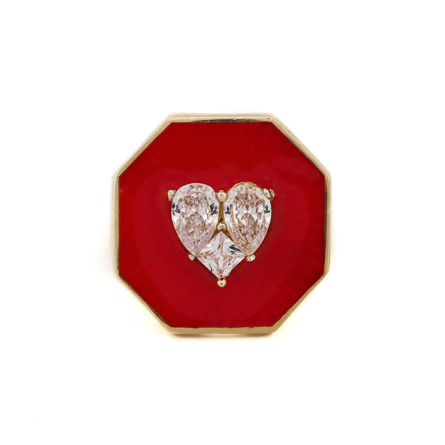 Valentines Red Enamel Diamond Heart Gold Ring