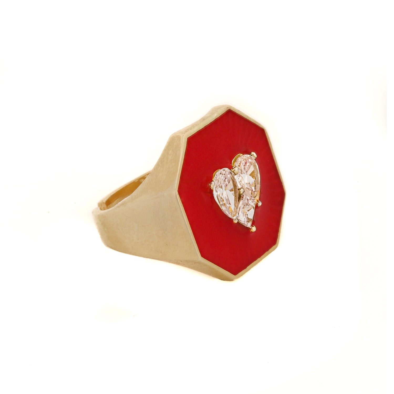 Valentines Red Enamel Diamond Heart Gold Ring
