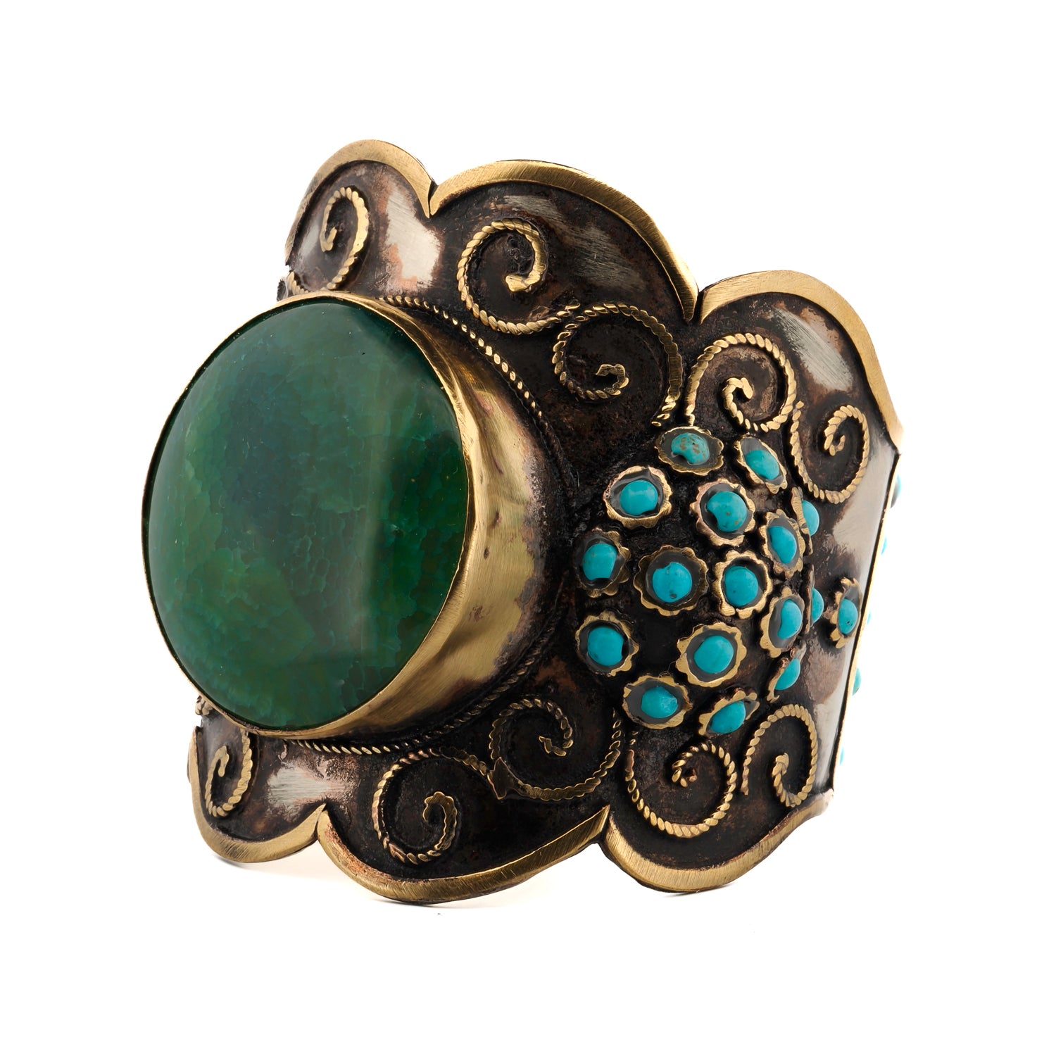 Gold-plated geometric designs with turquoise and jade gemstones