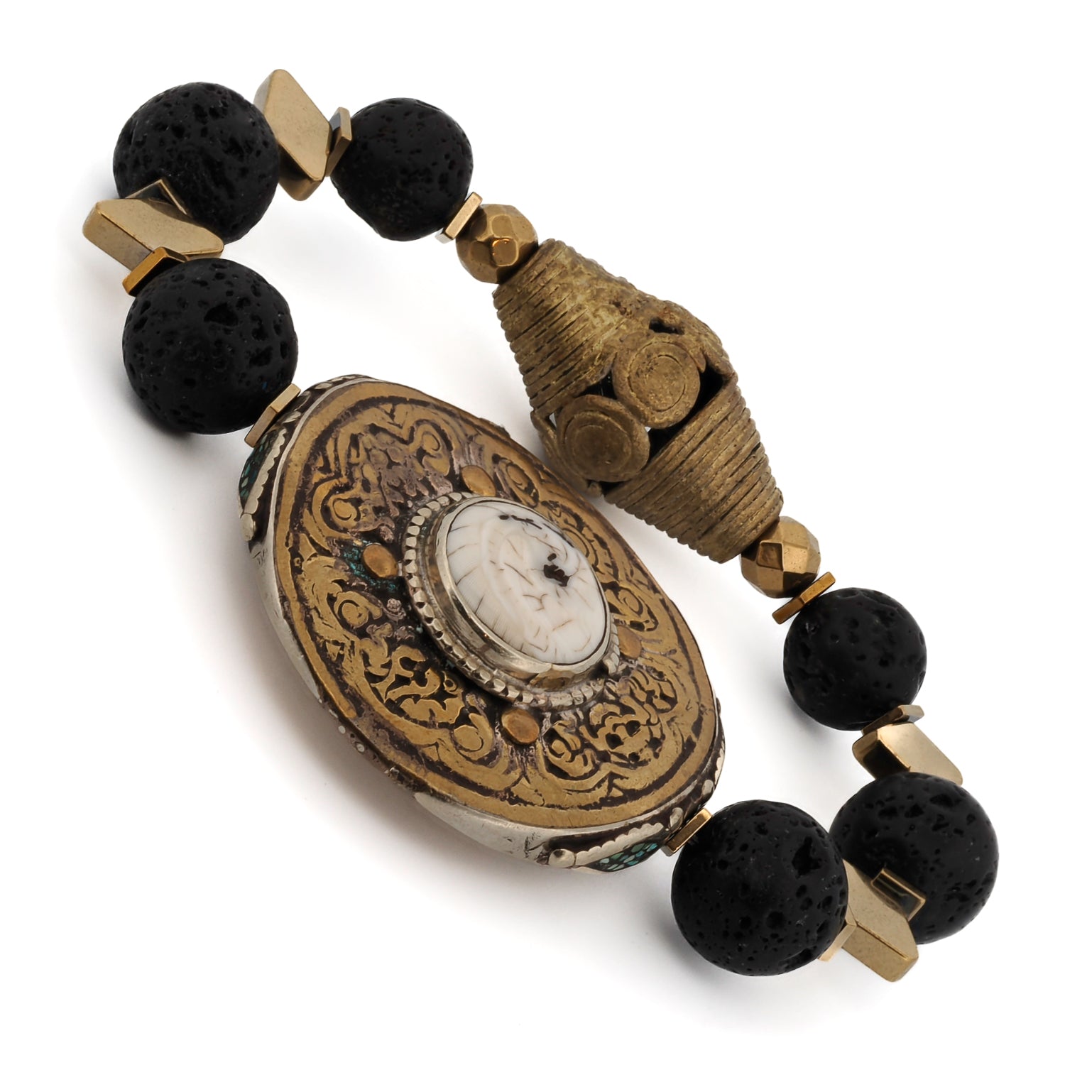 Vintage Style Chunky Tibetan Black Lava Stone Beaded Bracelet