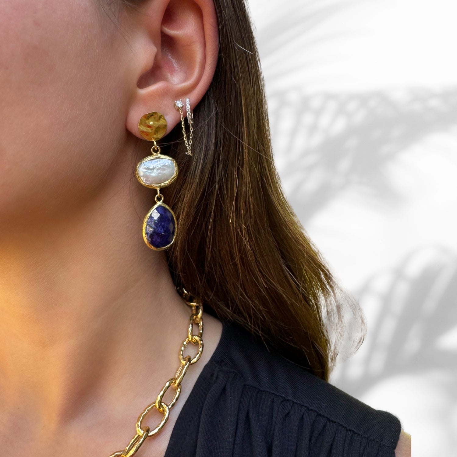 Gold Plated Pearl and Sapphire Gemstone Earrings