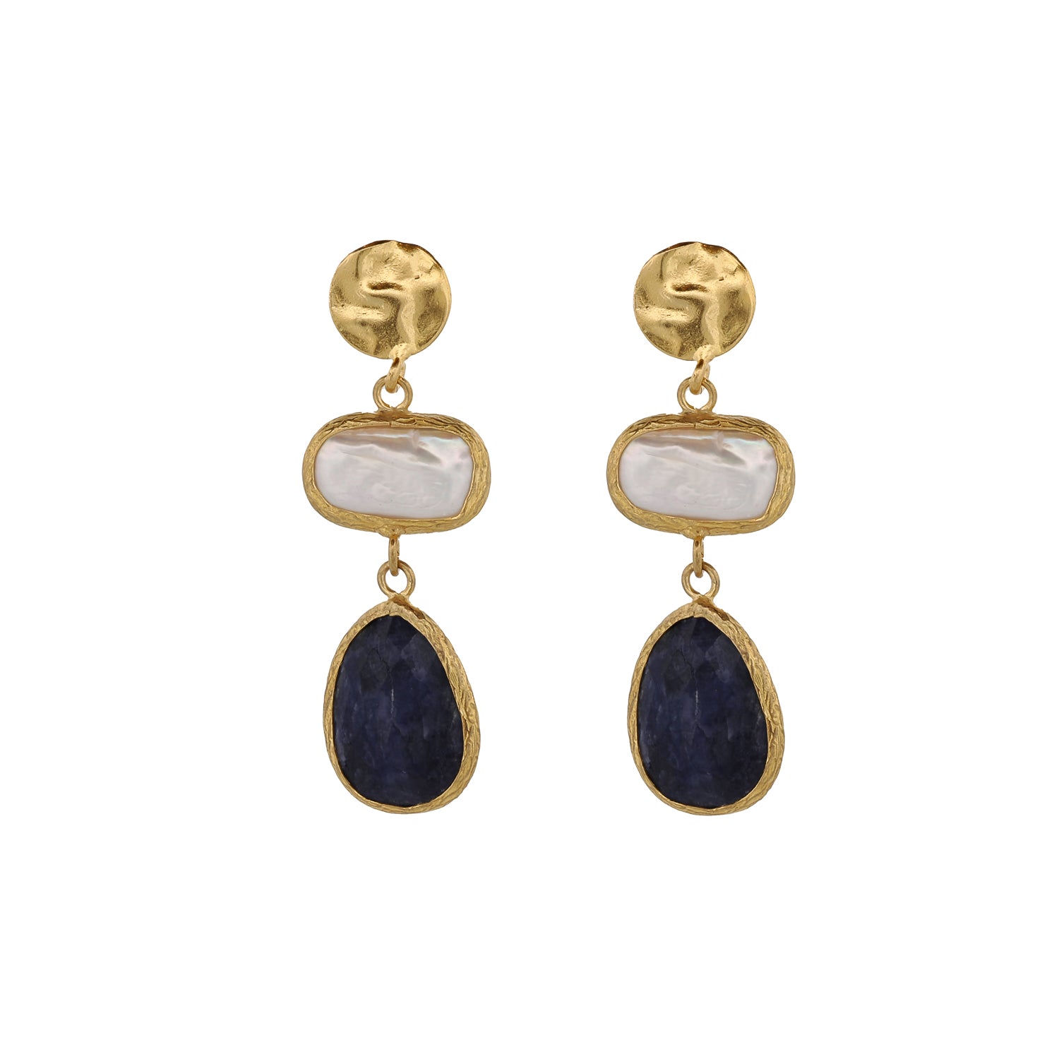 Chic Gold Earrings with Pearls and Deep Blue Sapphires