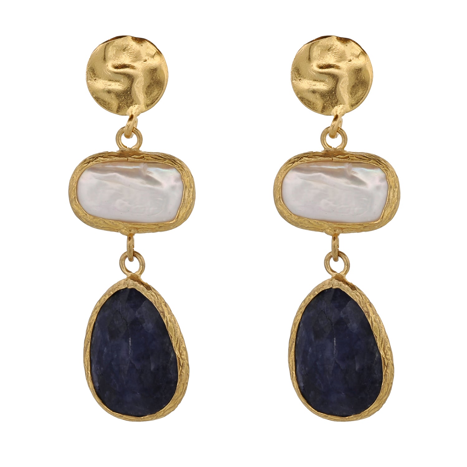 Vintage Style Pearl &amp; Sapphire Gemstone Gold Earrings with 24K Gold Plating