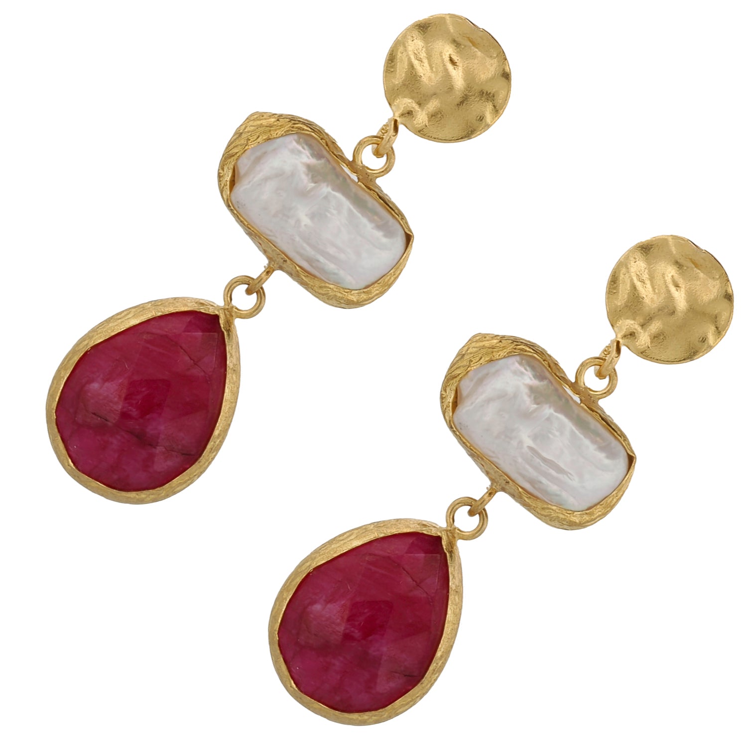 Vintage Style Pearl &amp; Ruby Gemstone Gold Earrings