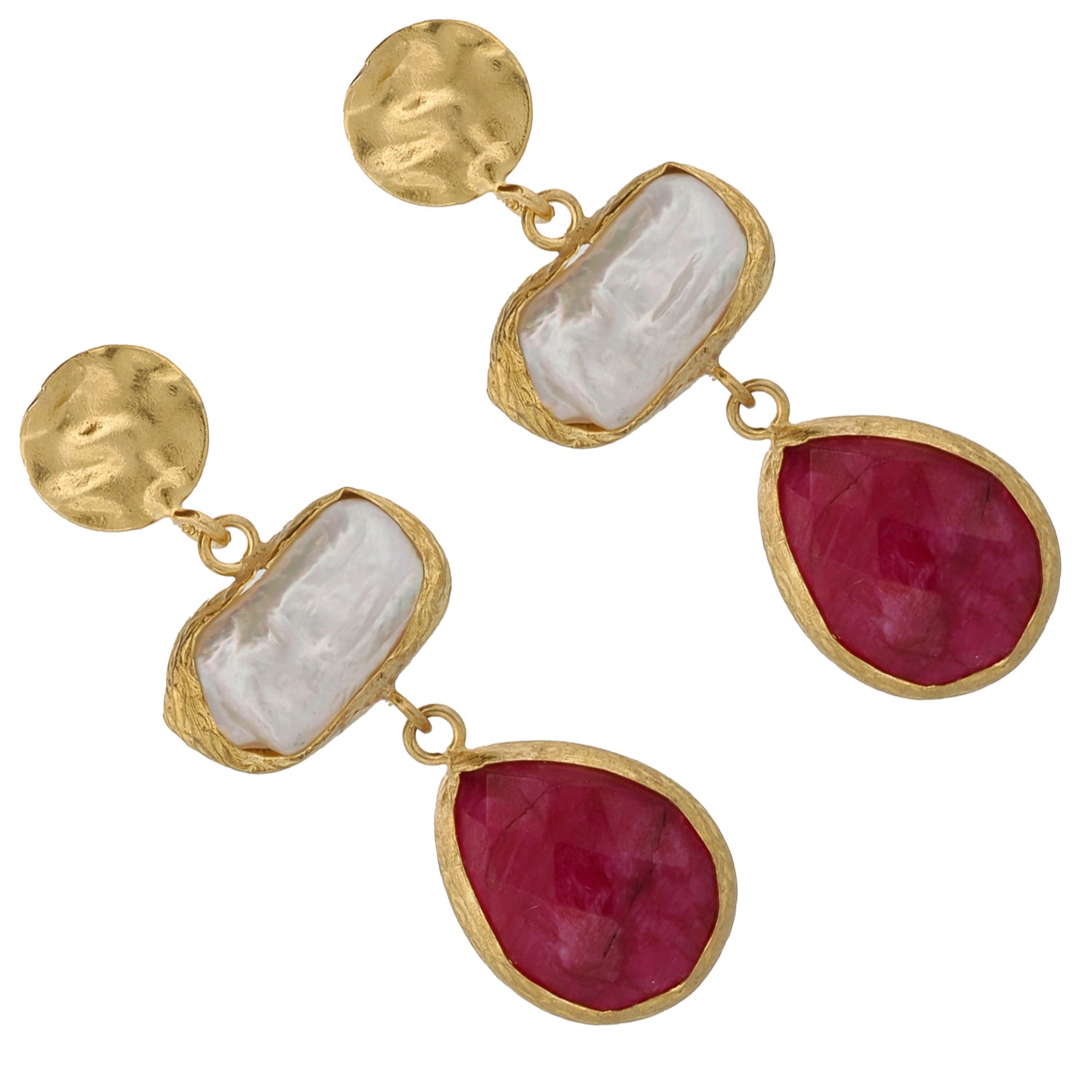 Vintage Style Pearl &amp; Ruby Gemstone Gold Earrings