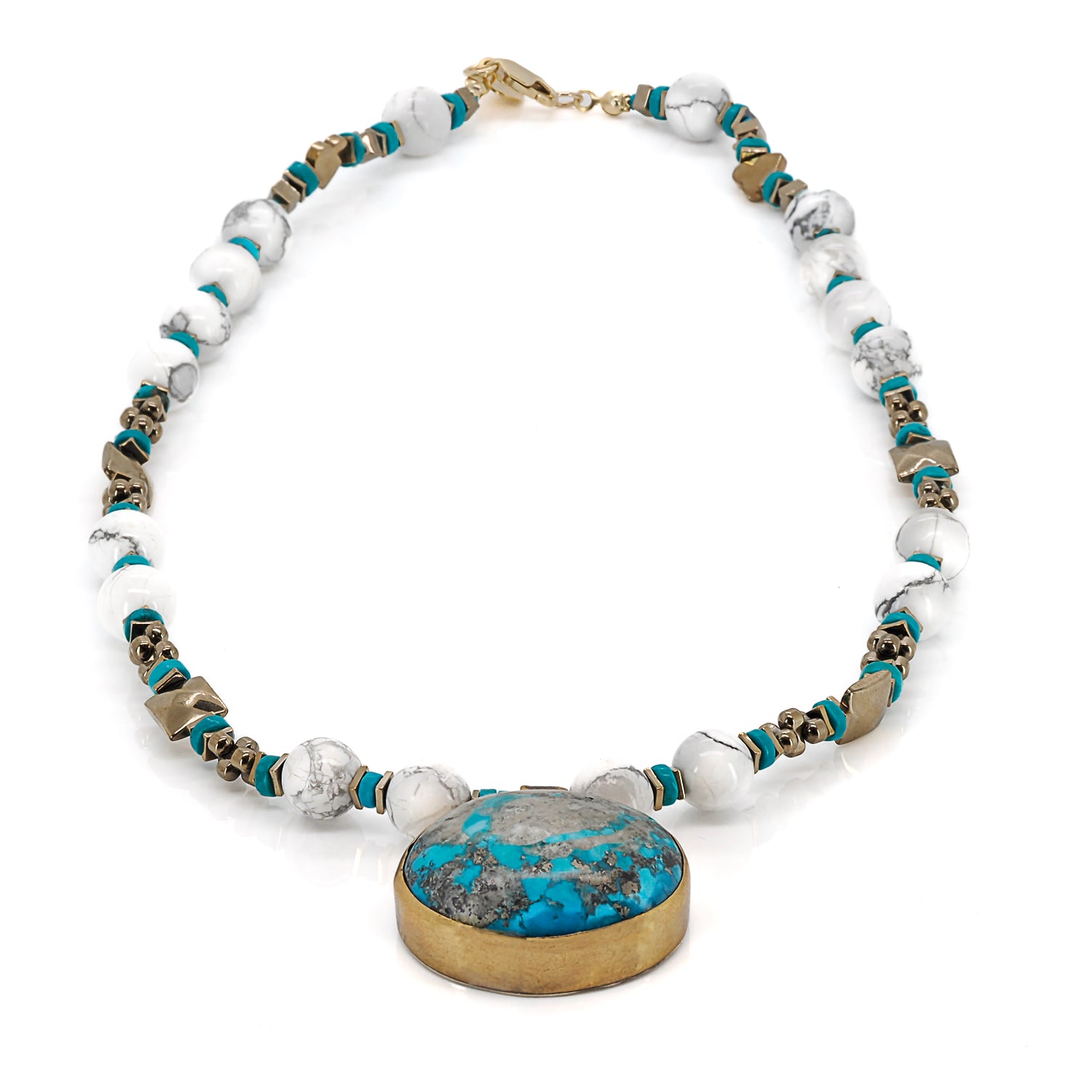 Vintage-inspired necklace with turquoise pendant and white Howlite stones, accented with gold color hematite spacers