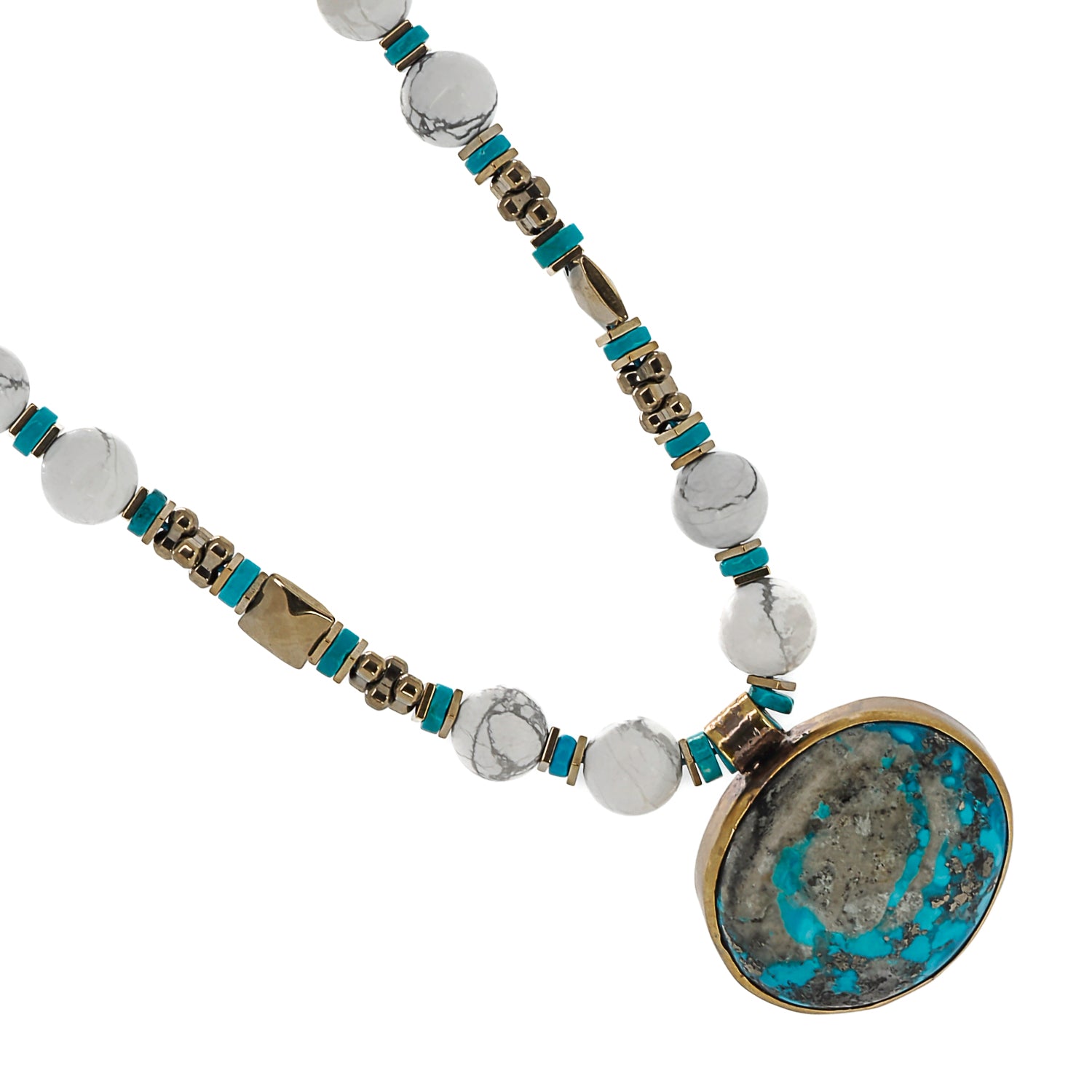 Turquoise pendant necklace with white Howlite beads, featuring gold color hematite spacers for a touch of sophistication