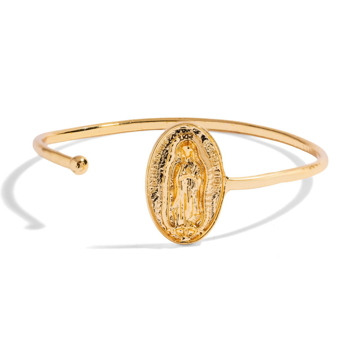 Virgin Mary Medallion Gold Bangle Bracelet, an open gold cuff with an oval Virgin Mary medallion in raised relief