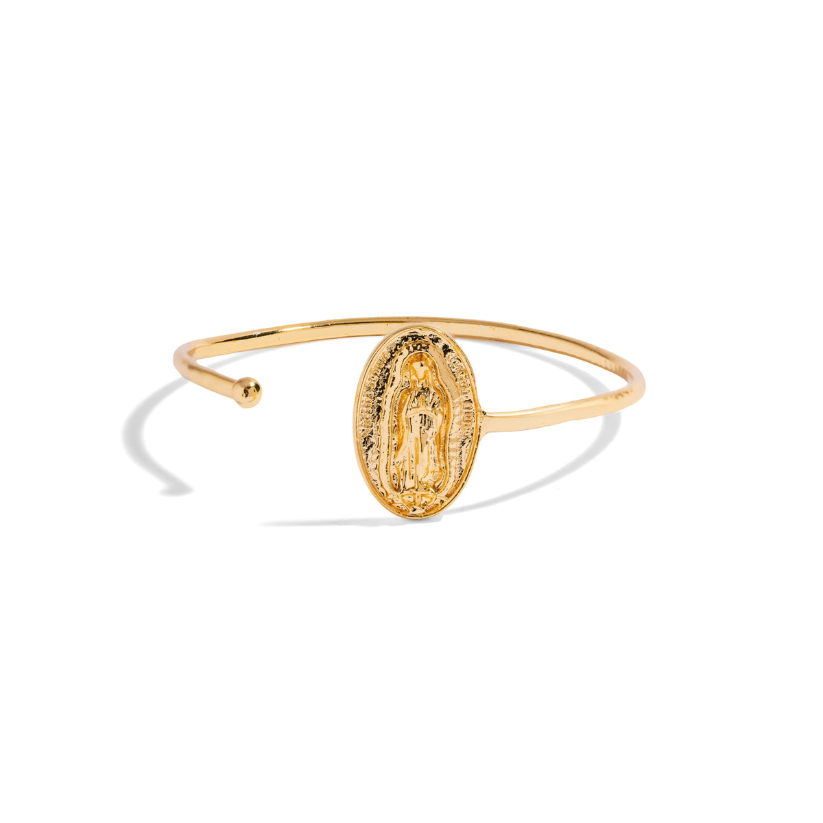 Virgin Mary Medallion Gold Bangle Bracelet on white, front view