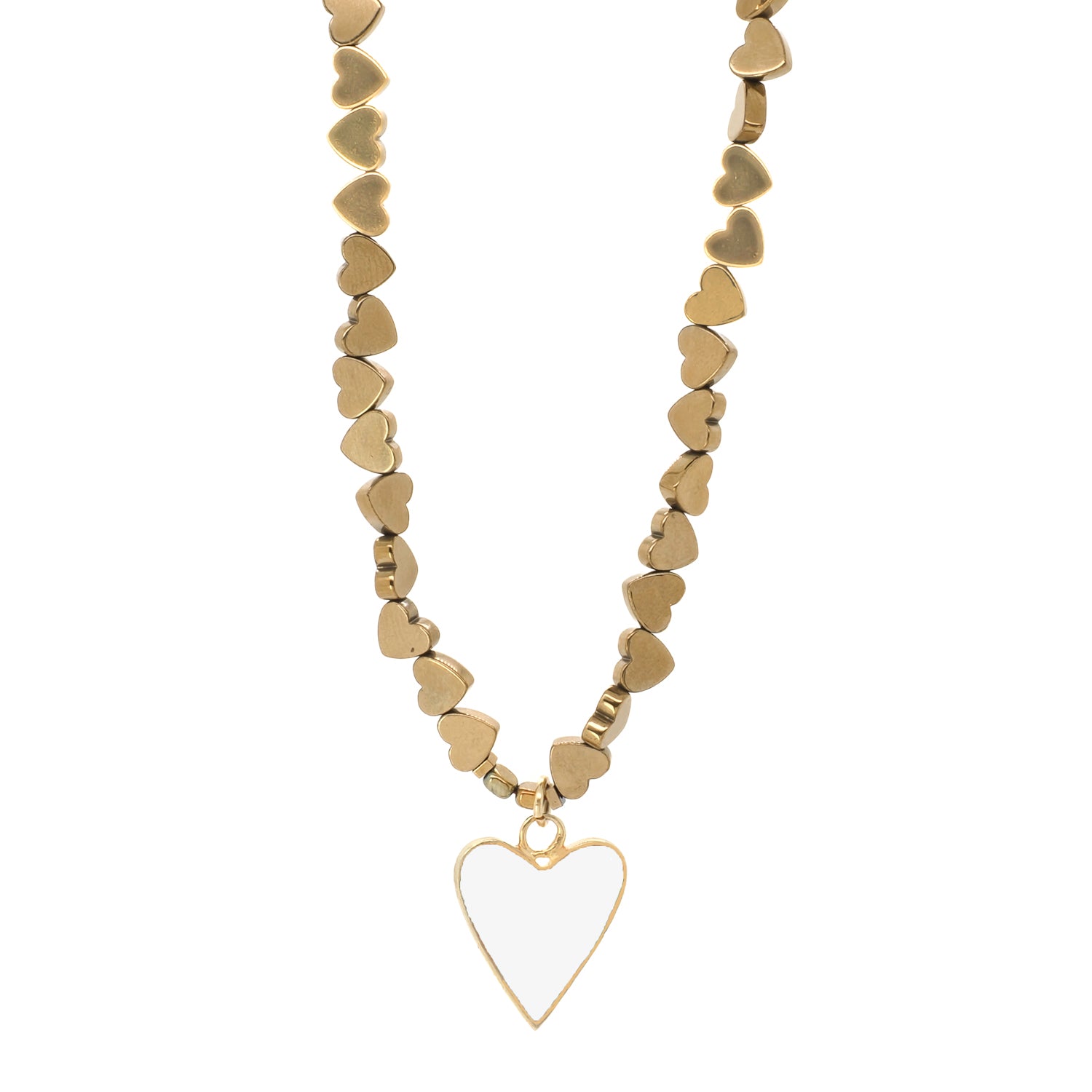 Handmade necklace featuring gold hematite stone beads, a white enamel heart pendant, and gold chain