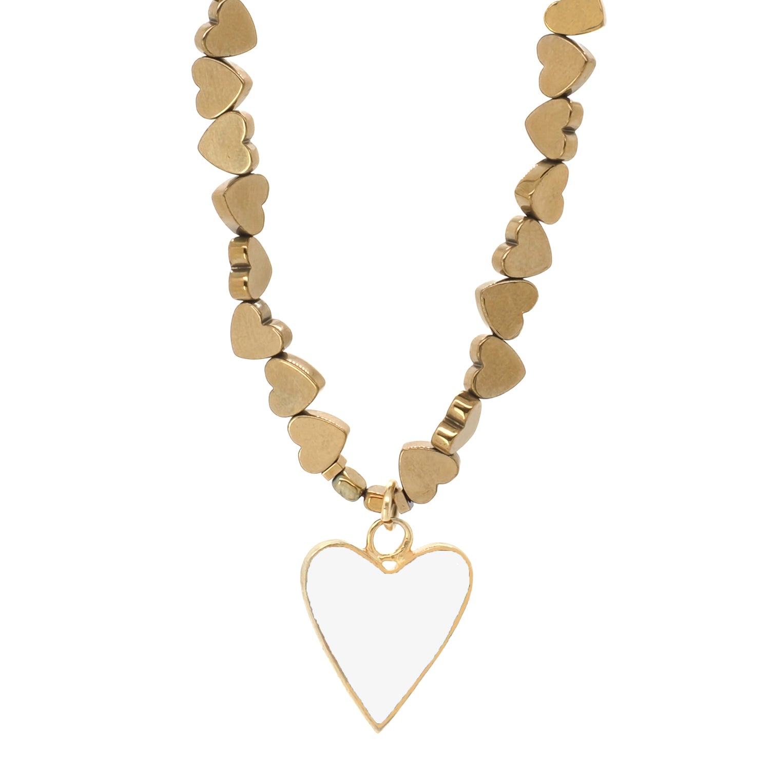 Gold-plated chain necklace with heart-shaped hematite beads and a white enamel heart pendant