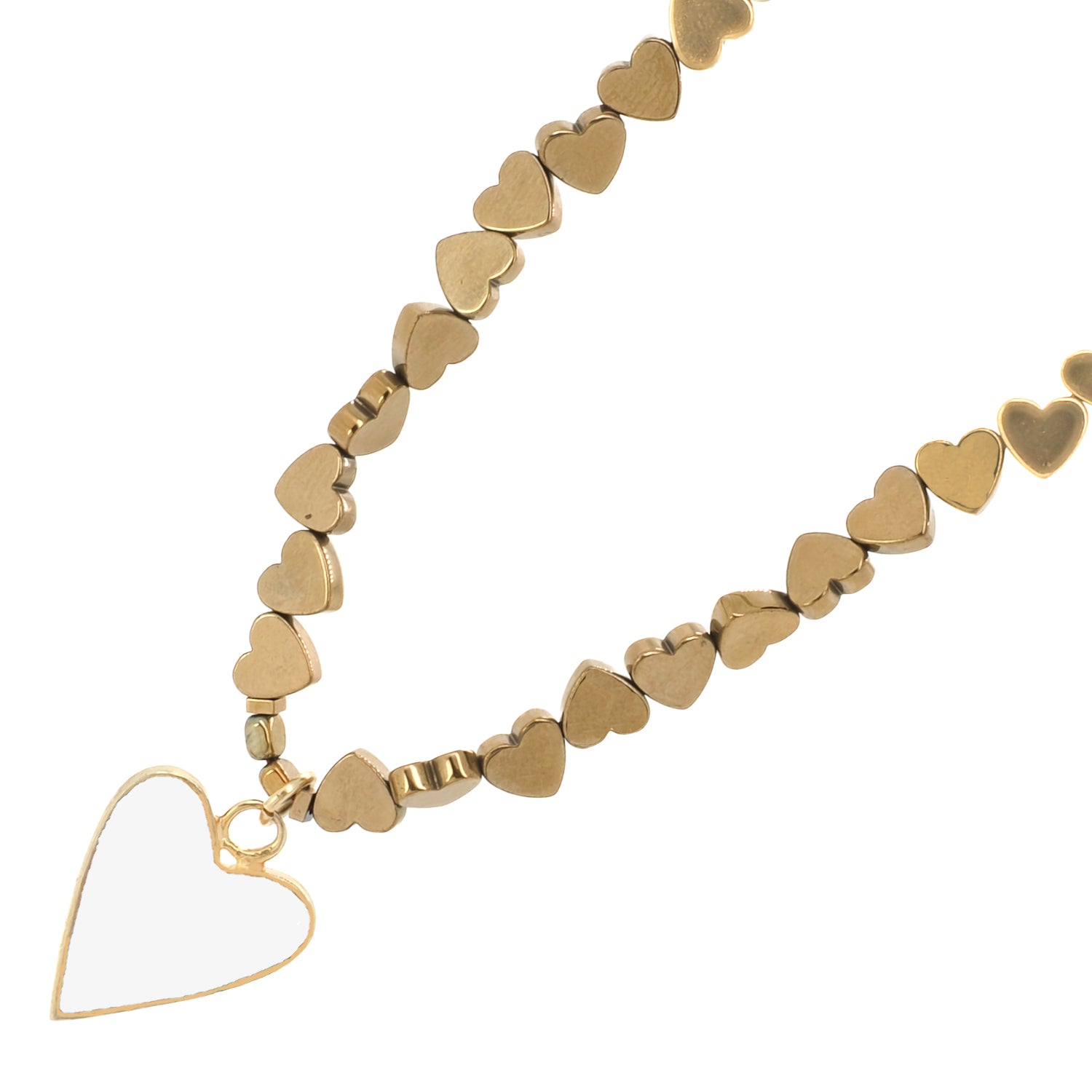 Stylish gold-plated chain necklace with heart-shaped hematite stones and a white heart pendant