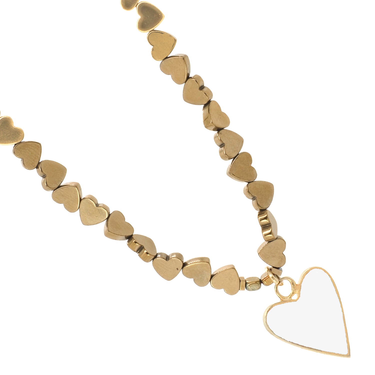 Gold-plated necklace featuring a white heart pendant and gold hematite stone beads in a heart shape